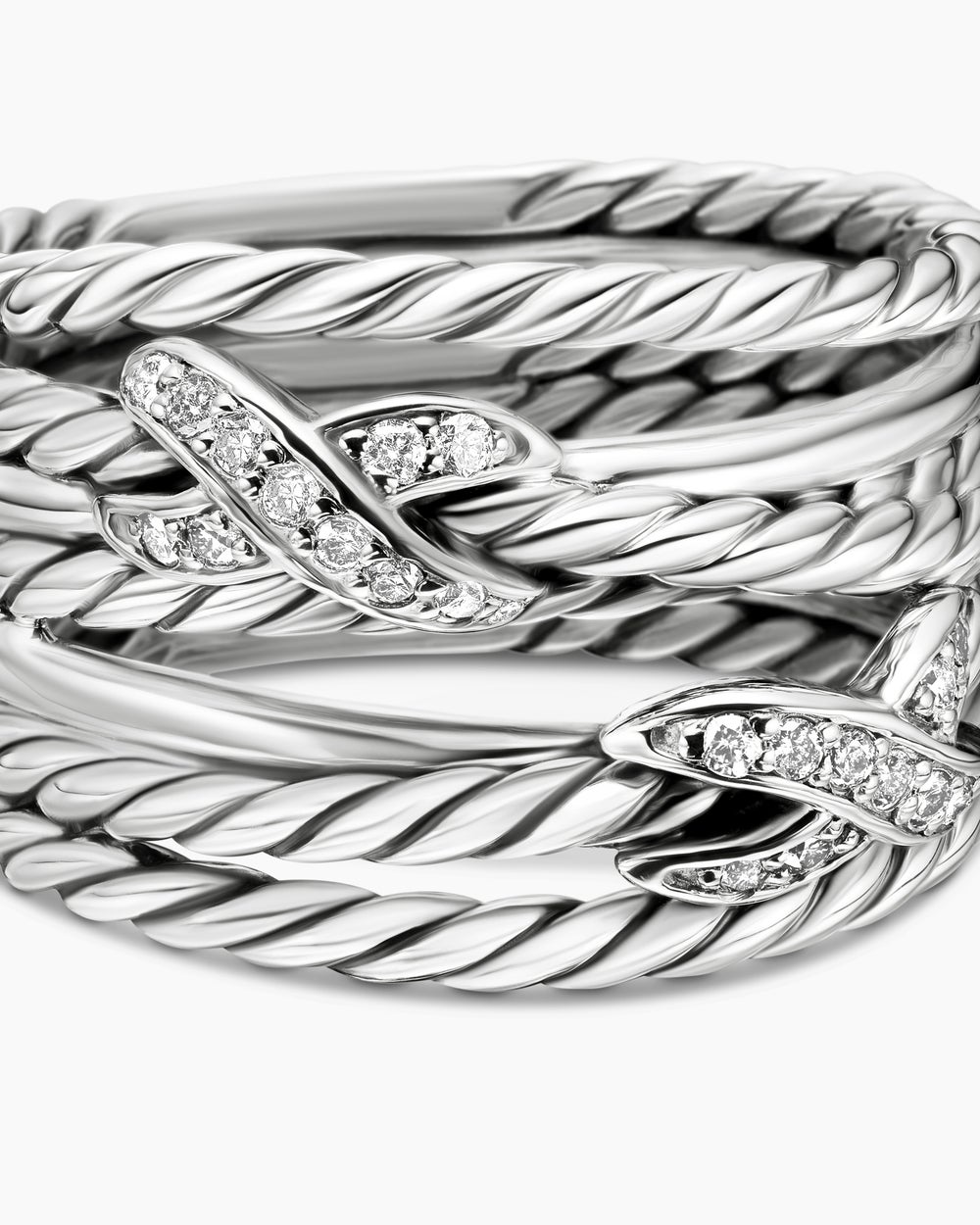 Womens Double X Crossover Ring in Sterling Silver with Diamonds, 13mm