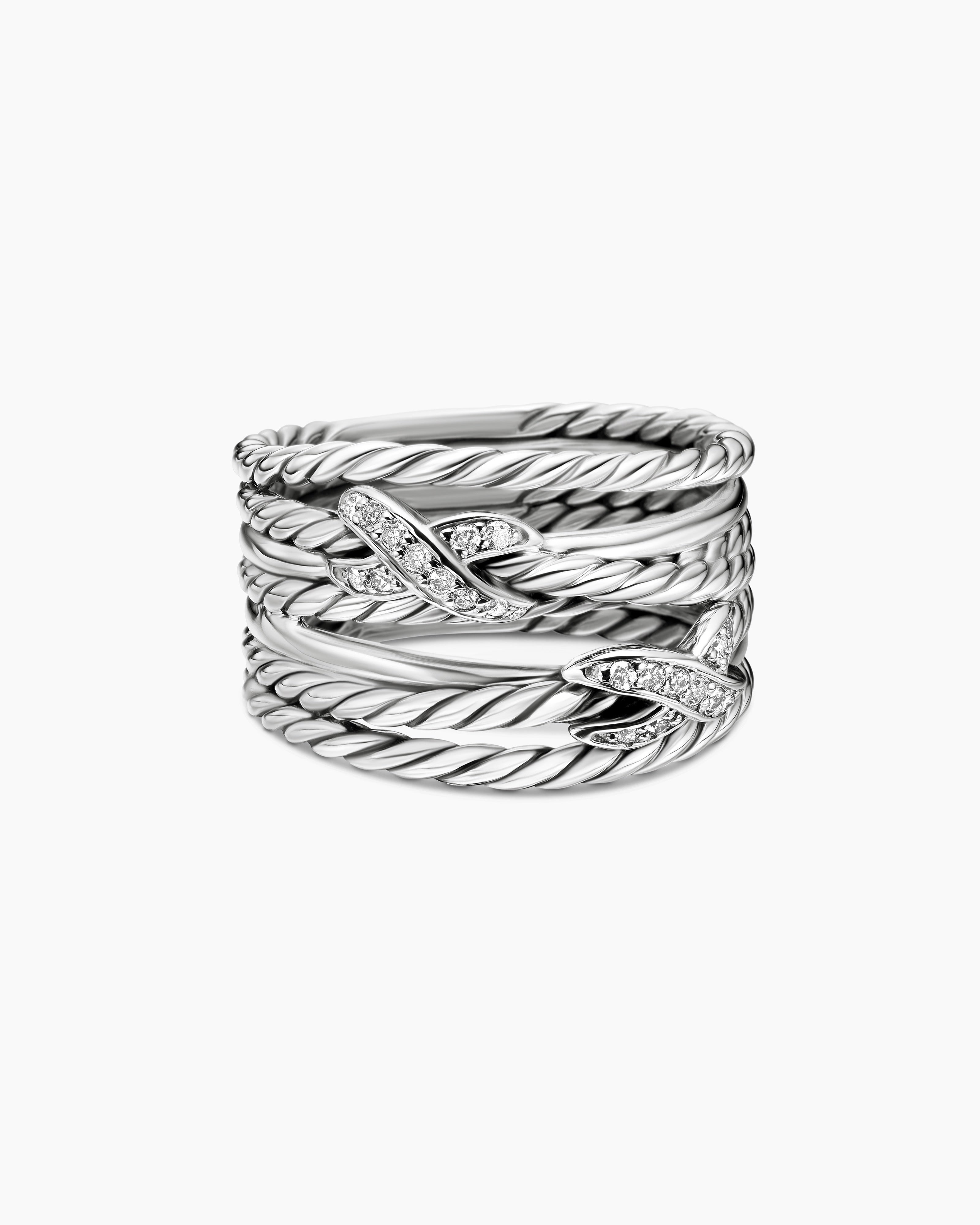 Womens Double X Crossover Ring in Sterling Silver with Diamonds, 13mm