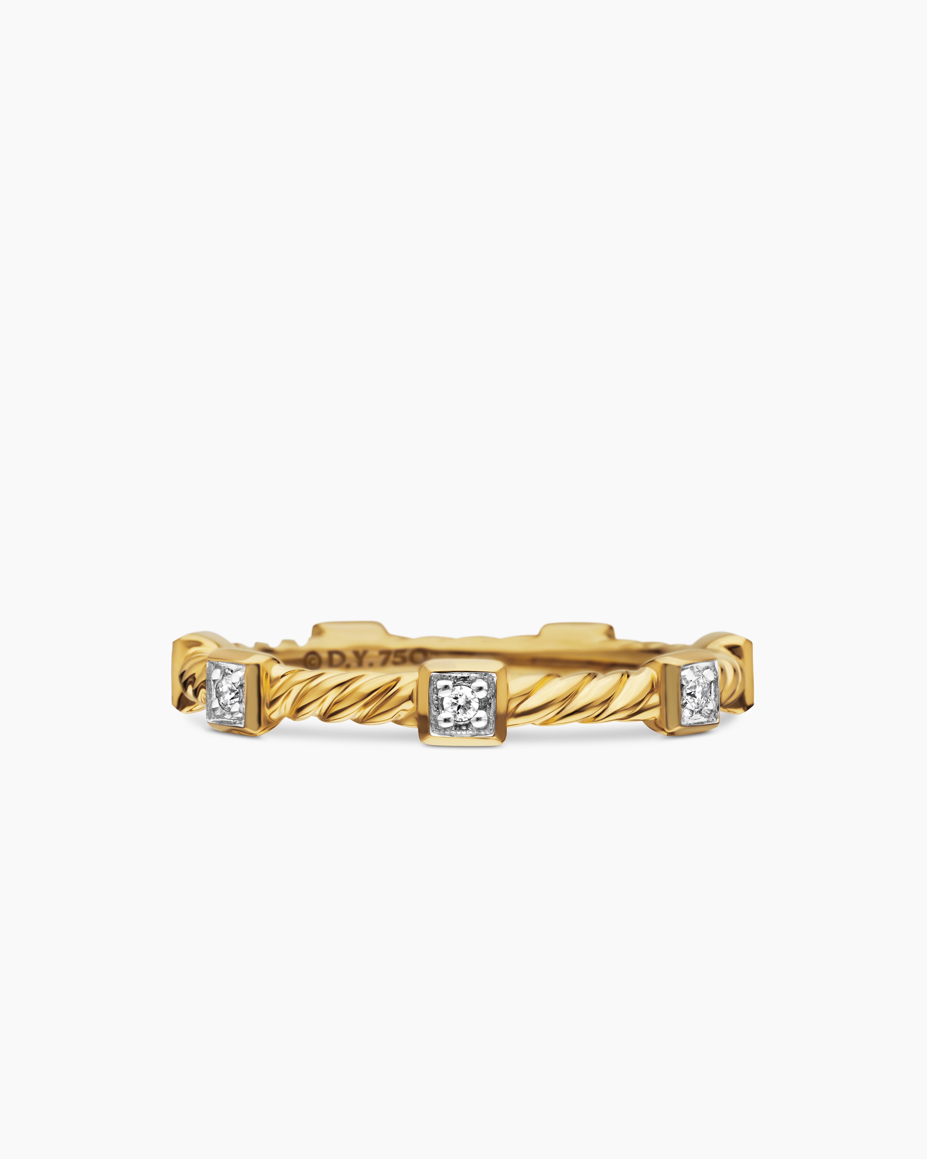 Womens Cable Collectibles Stations Stack Ring in 18K Yellow Gold with Diamonds, 2mm