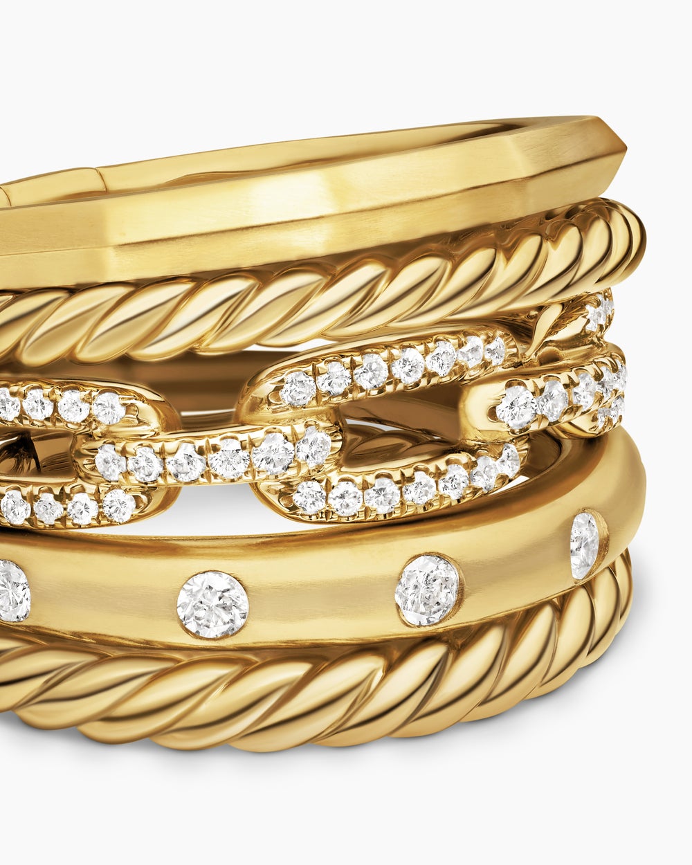 Womens Stax Five Row Ring in 18K Yellow Gold with Diamonds, 15mm