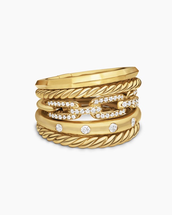 Stax Five Row Ring in 18K Yellow Gold with Diamonds, 15mm