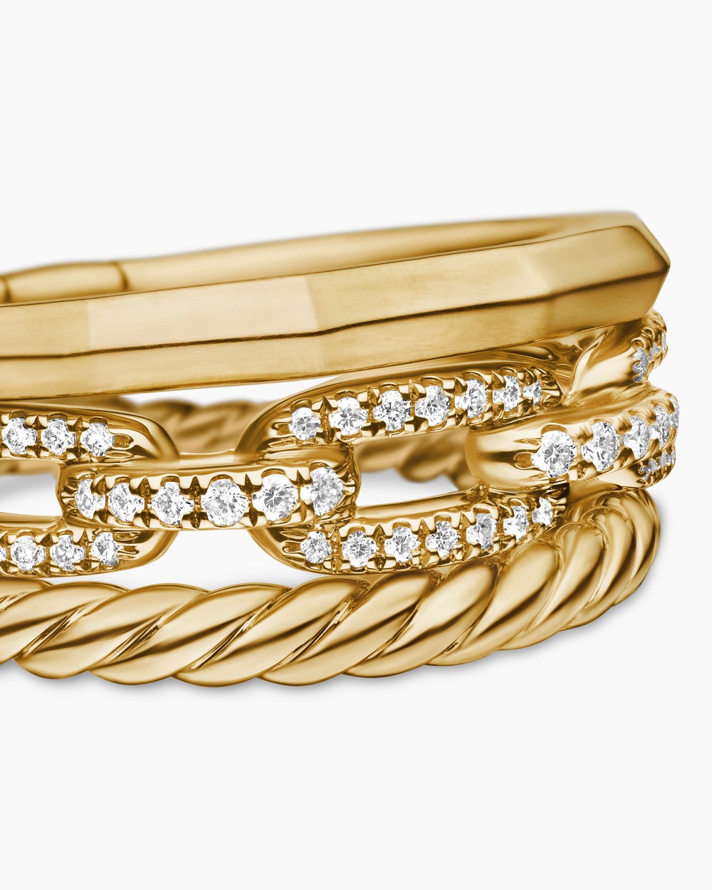 Womens Stax Three Row Ring in 18K Yellow Gold with Diamonds, 9.5mm