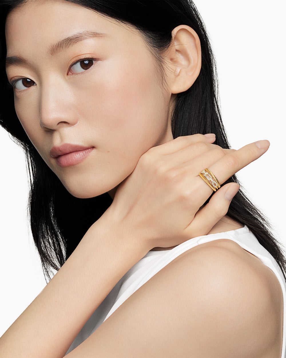 Womens Stax Three Row Ring in 18K Yellow Gold with Diamonds, 9.5mm