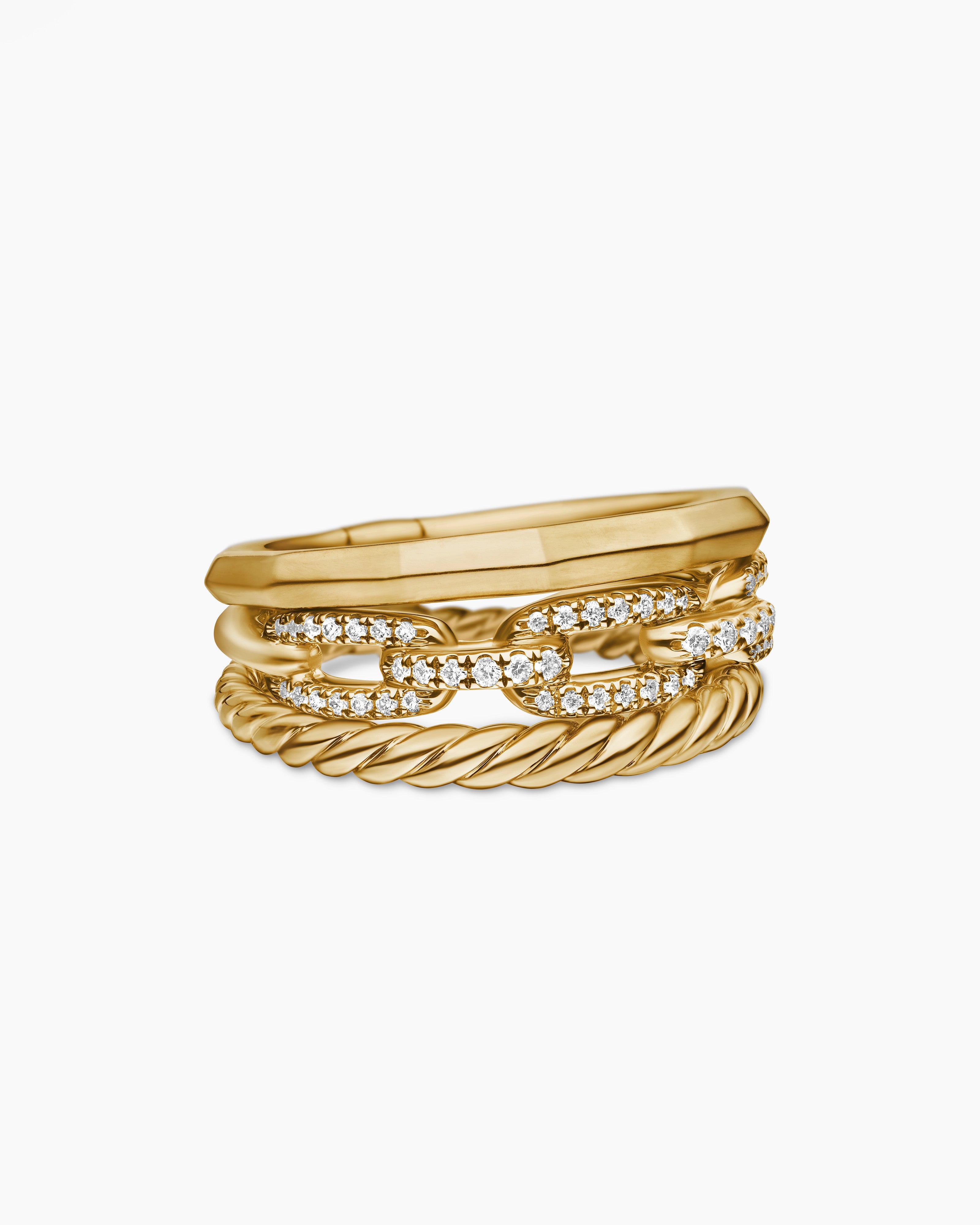 Womens Stax Three Row Ring in 18K Yellow Gold with Diamonds, 9.5mm