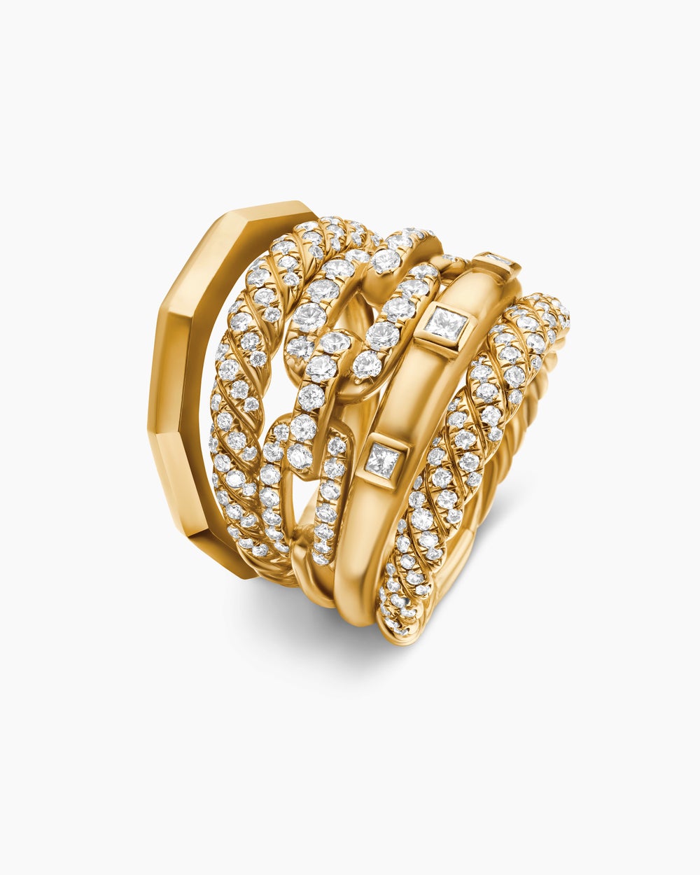 Womens Stax Five Row Ring in 18K Yellow Gold with Diamonds, 21mm