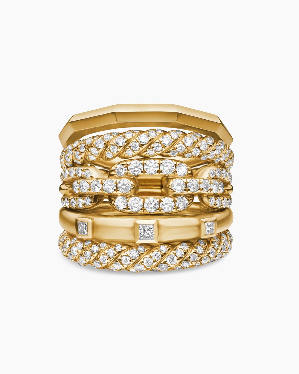 Womens Stax Five Row Ring in 18K Yellow Gold with Diamonds, 21mm