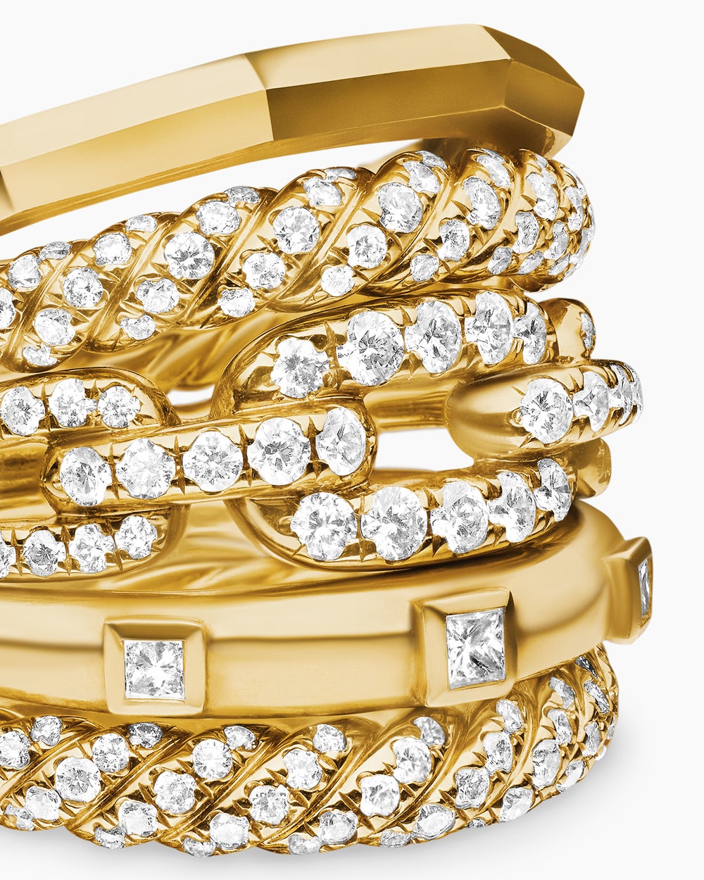 Womens Stax Five Row Ring in 18K Yellow Gold with Diamonds, 21mm