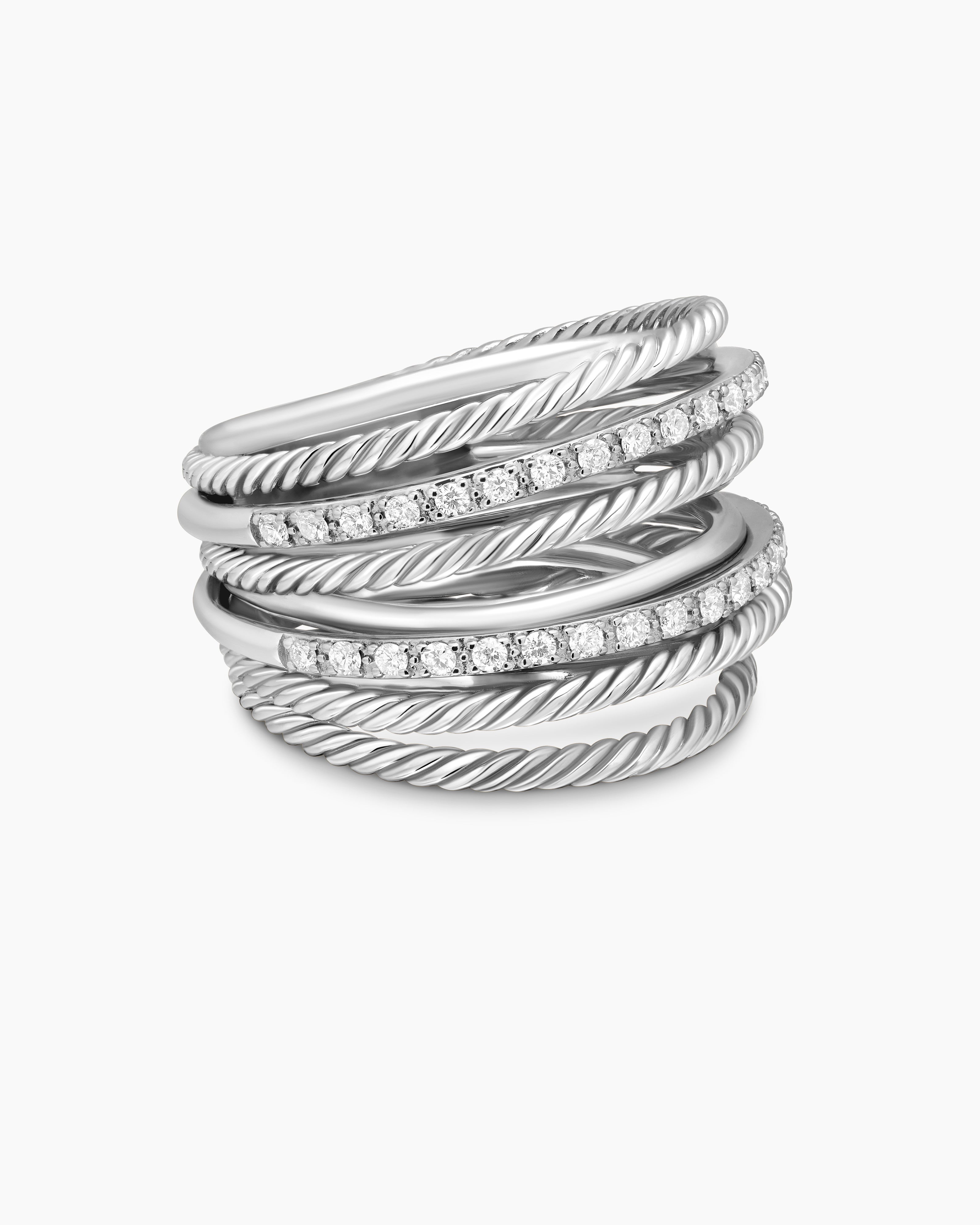 Womens Crossover Ring in Sterling Silver with Diamonds, 17.8mm