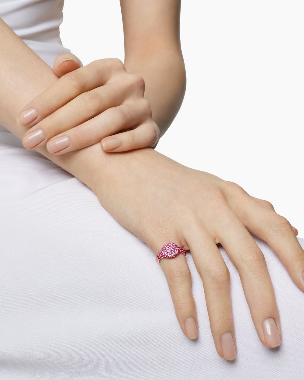 Womens Pavé Pinky Ring in 18K Rose Gold with Pink Sapphires, 10mm
