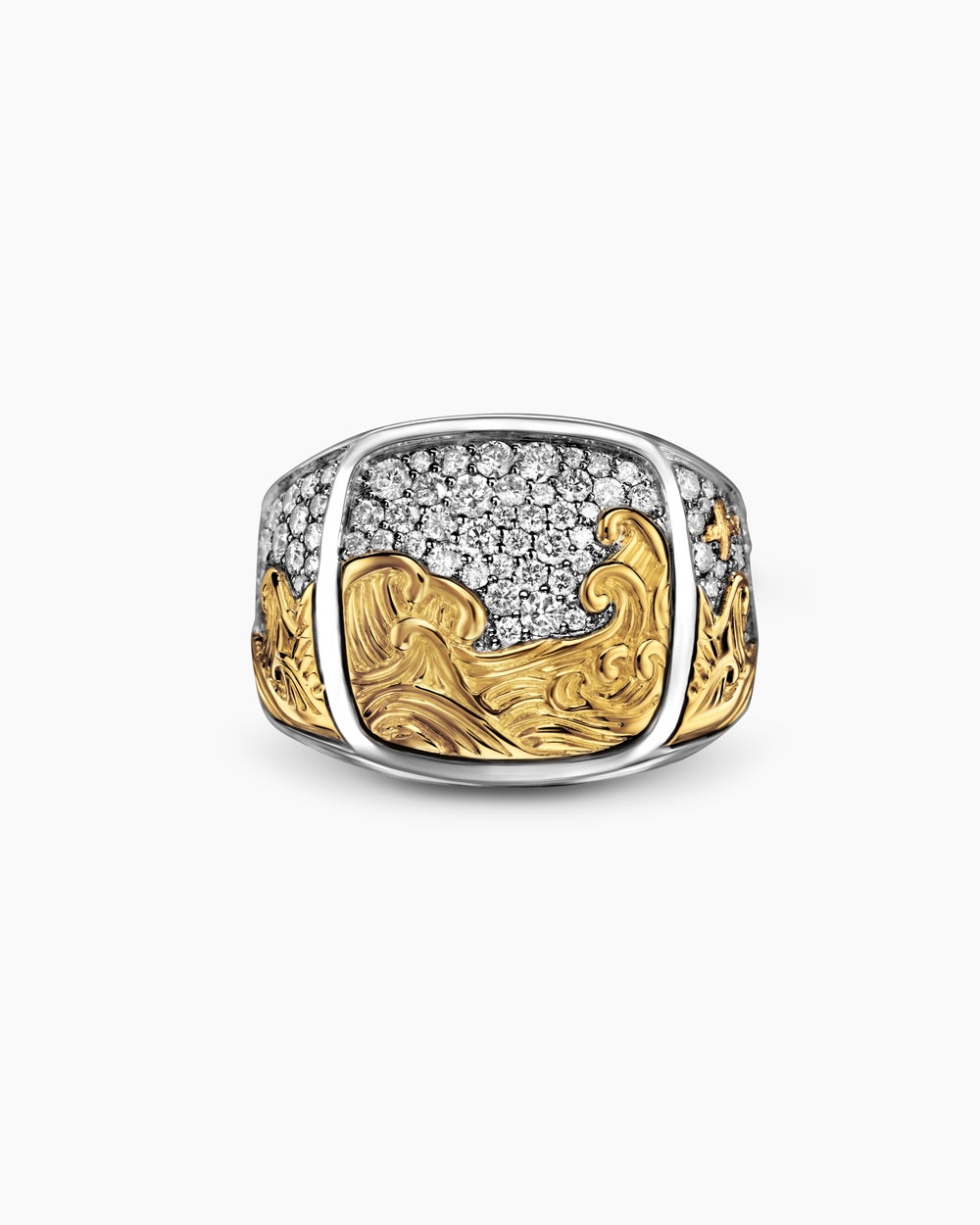 Mens Waves Signet Ring in Sterling Silver with 18K Yellow Gold, 18.8mm