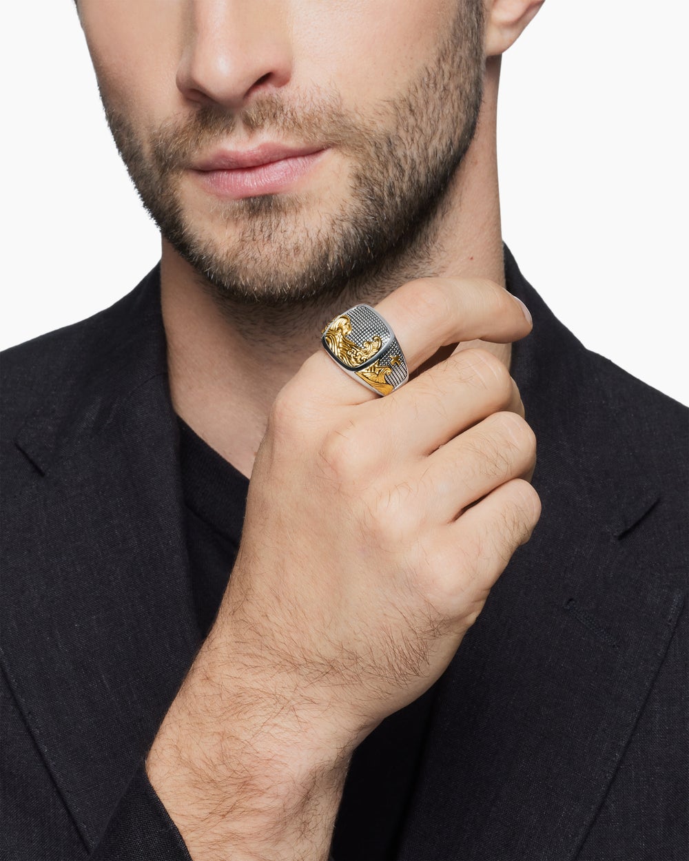 Mens Waves Signet Ring in Sterling Silver with 18K Yellow Gold, 18.8mm