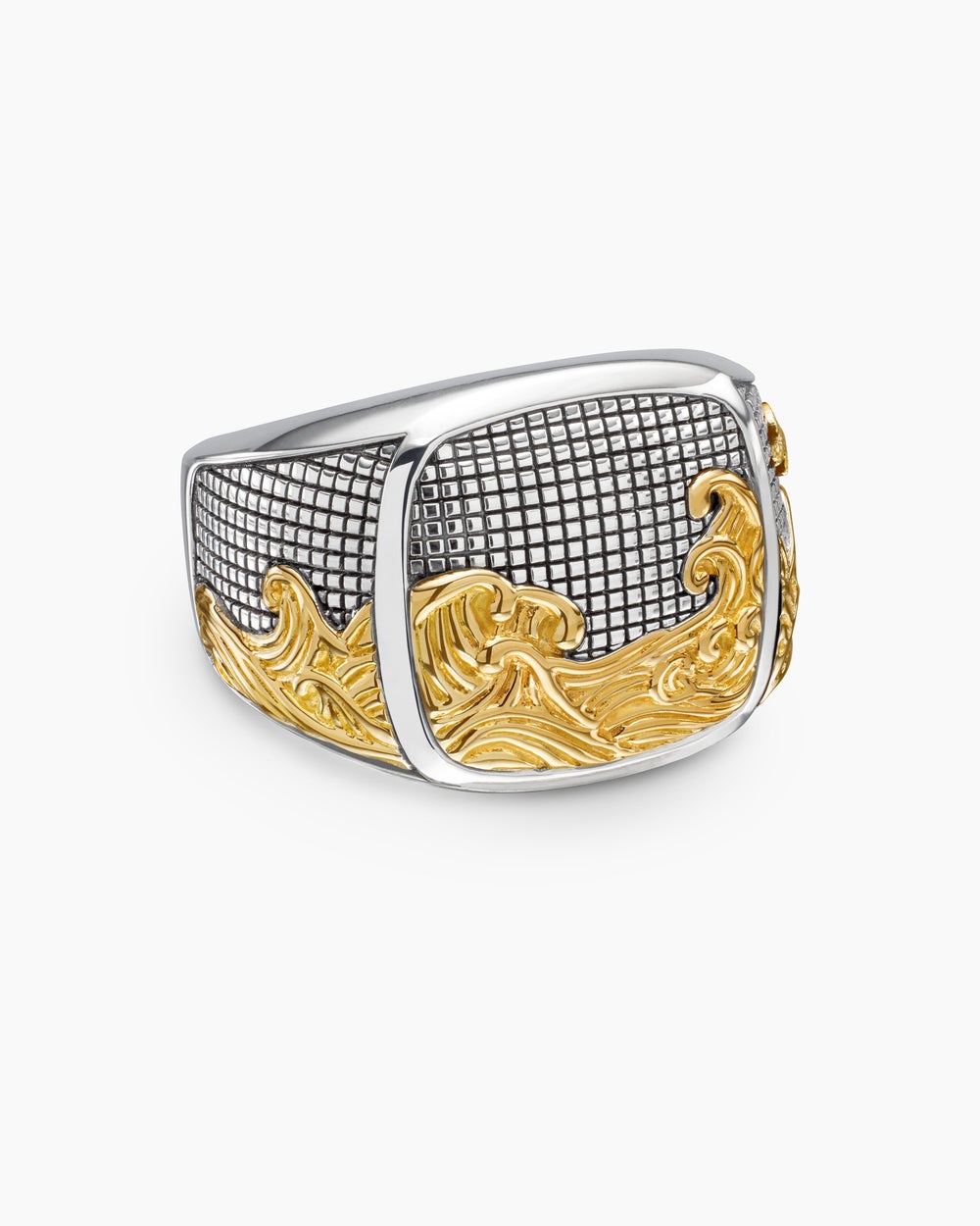 Mens Waves Signet Ring in Sterling Silver with 18K Yellow Gold, 18.8mm