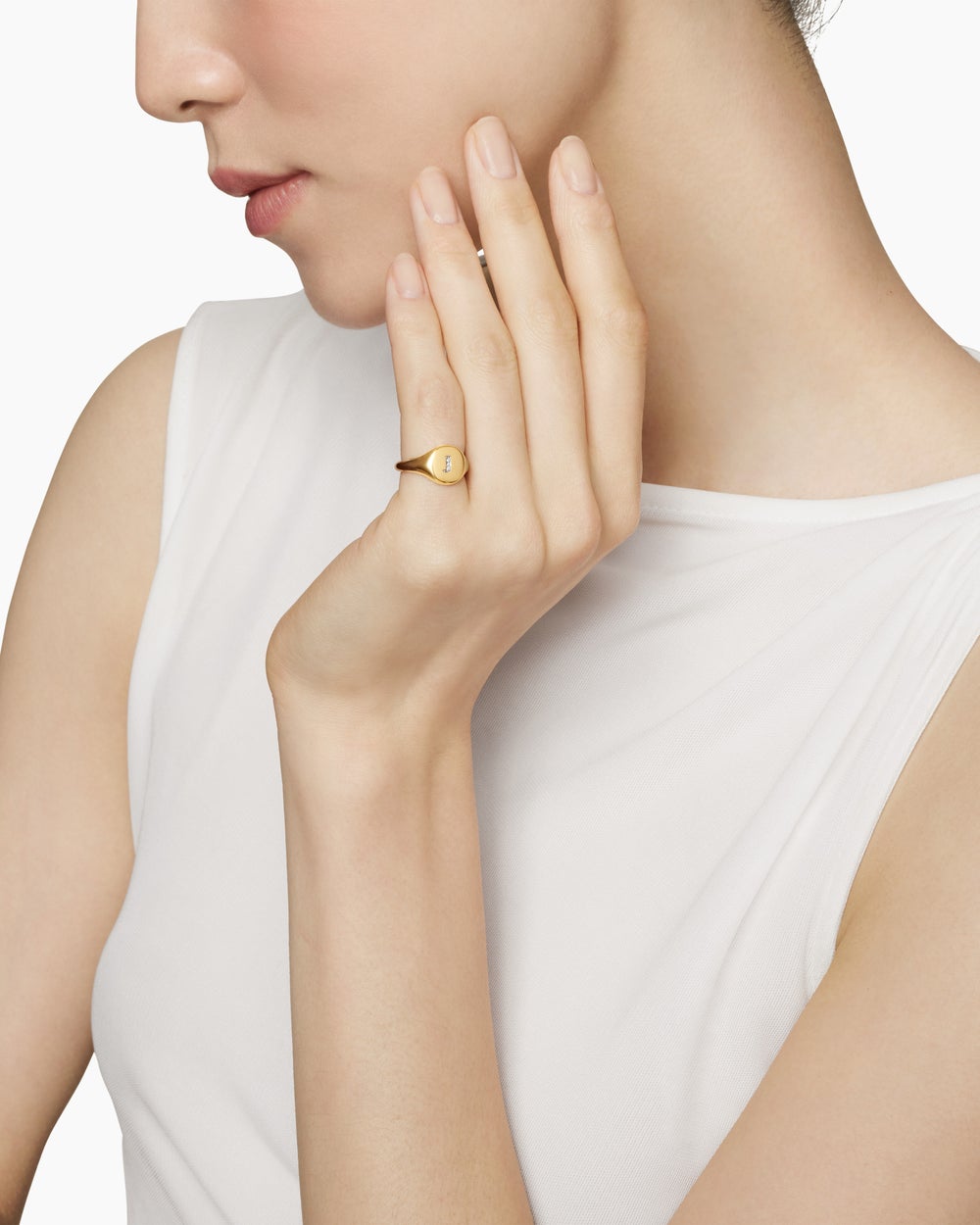 Womens DY Initial Pinky Ring in 18K Yellow Gold with Diamond J, 9.8mm