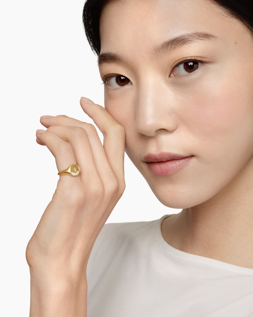 Womens DY Initial Pinky Ring in 18K Yellow Gold with Diamond J, 9.8mm