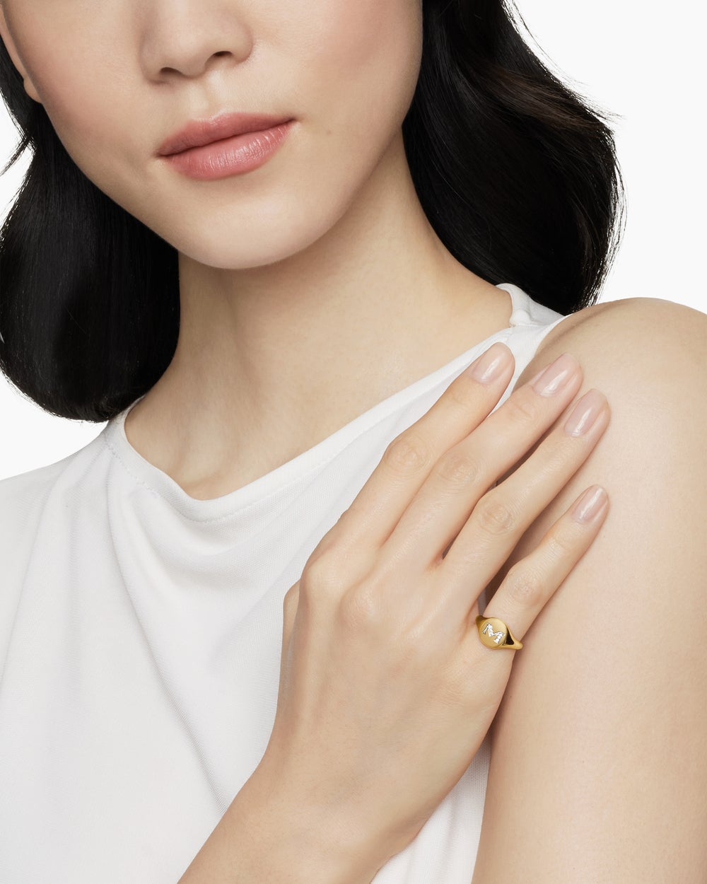 Womens DY Initial Pinky Ring in 18K Yellow Gold with Diamonds, 9.8mm