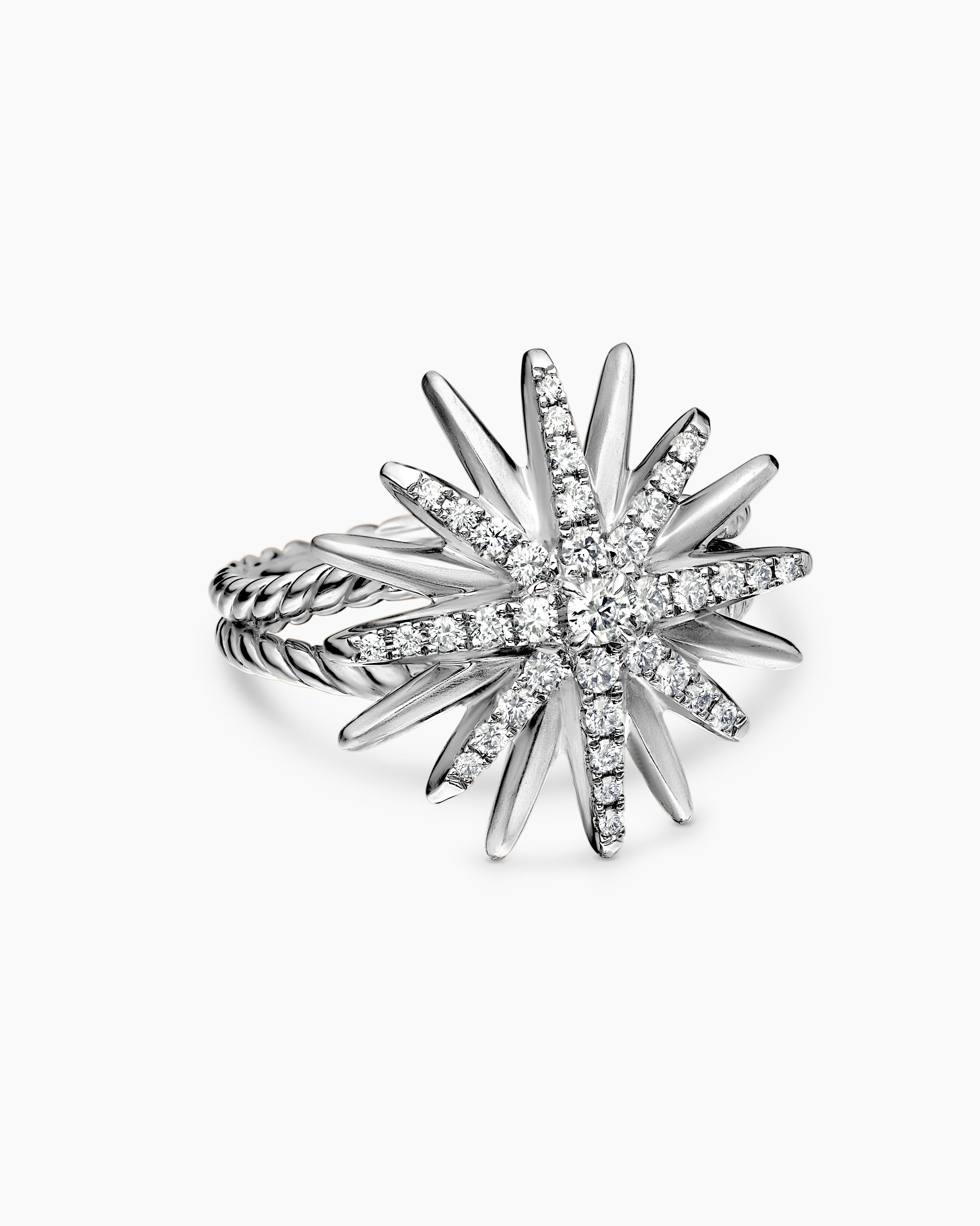 Womens Starburst Ring in Sterling Silver with Diamonds, 19mm