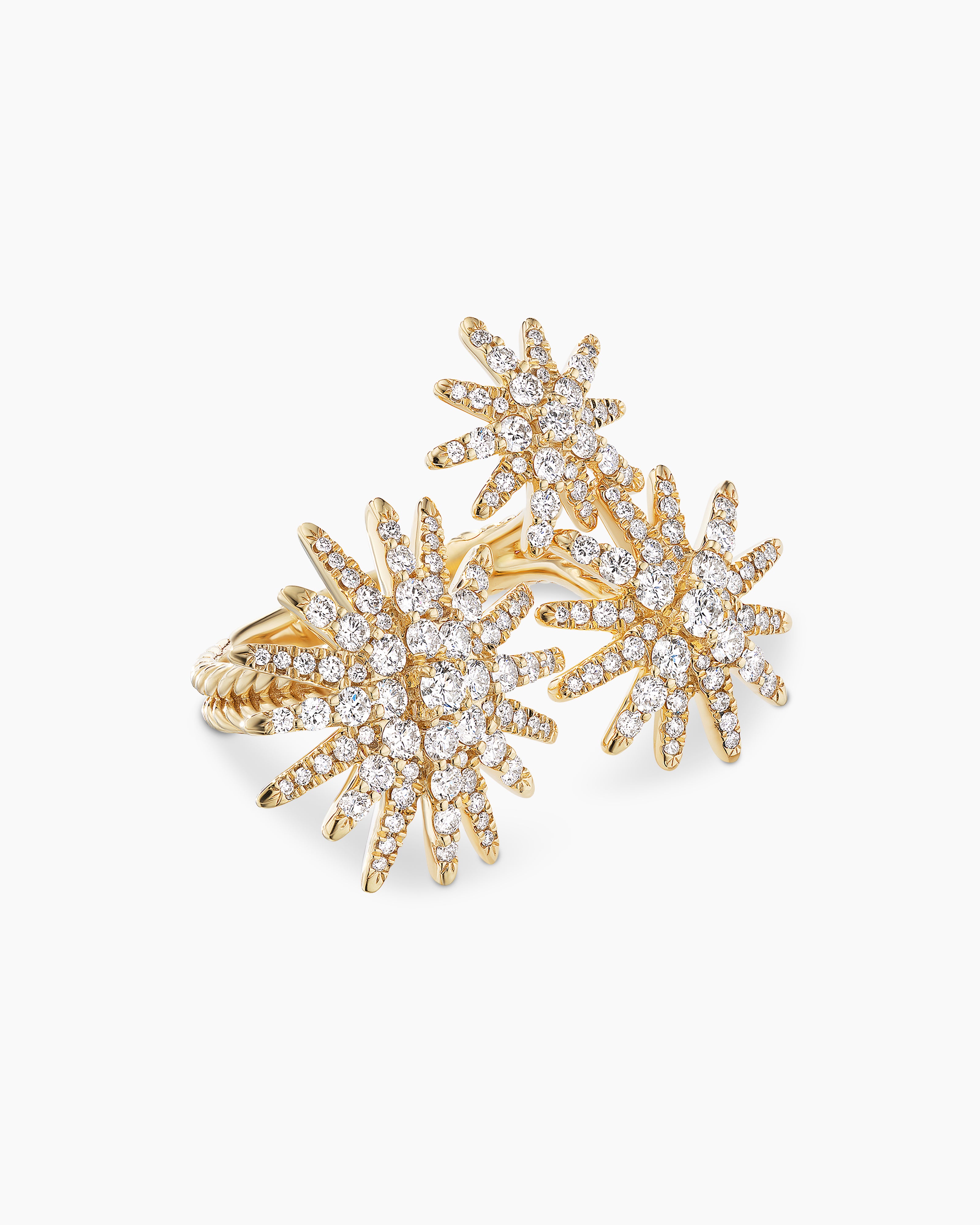 Womens Starburst Three Station Ring in 18K Yellow Gold with Diamonds, 25mm