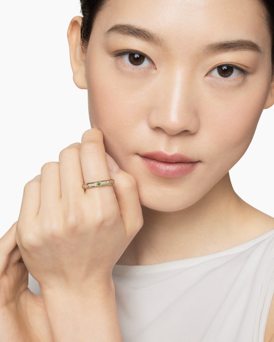 Modern Renaissance® Band Ring in 18K Yellow Gold with Full Pavé Diamonds and Emeralds