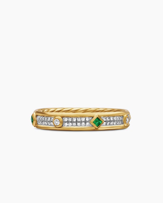Modern Renaissance® Band Ring in 18K Yellow Gold with Full Pavé Diamonds and Emeralds