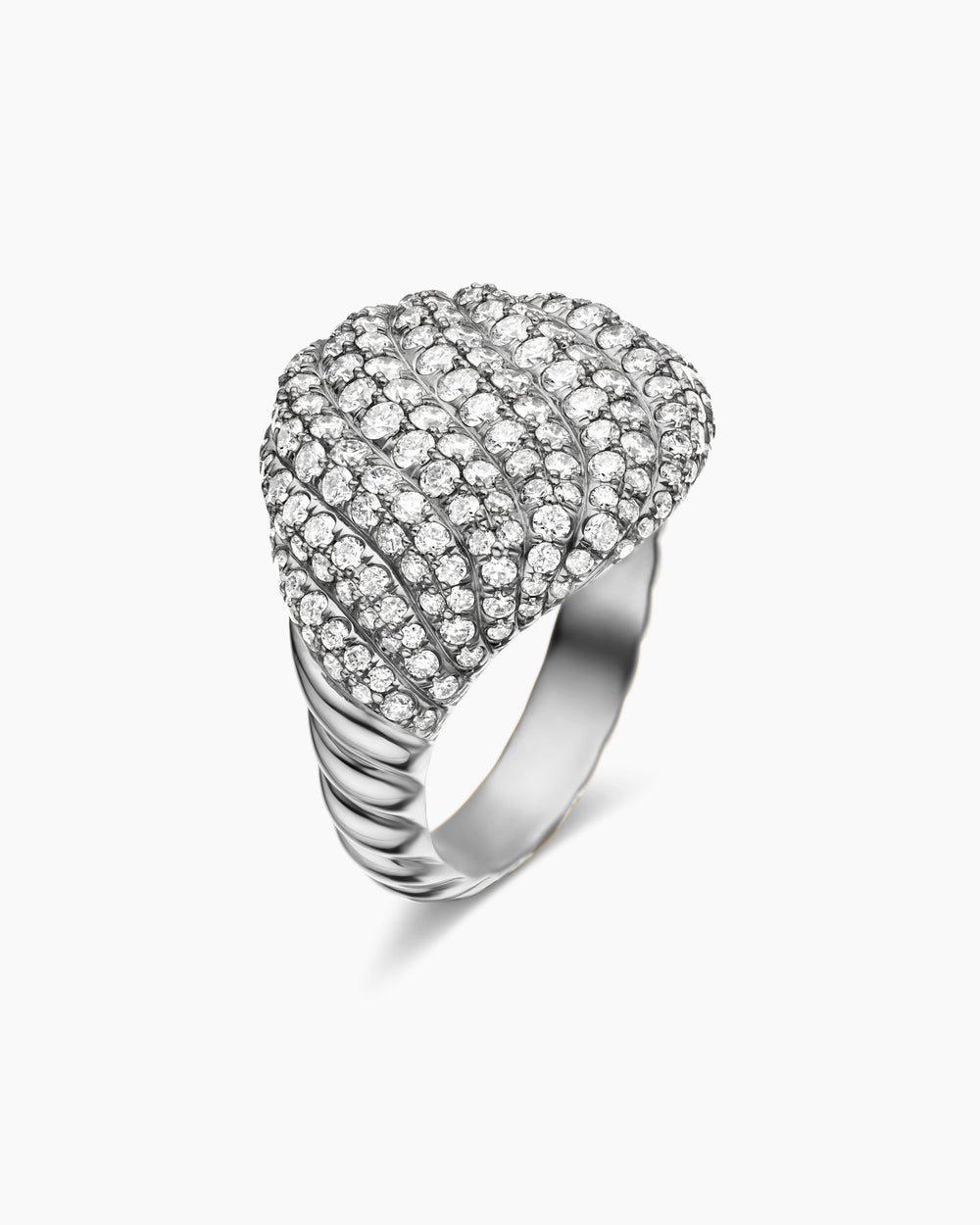 Womens Sculpted Cable Pinky Ring in 18K White Gold with Diamonds, 13mm