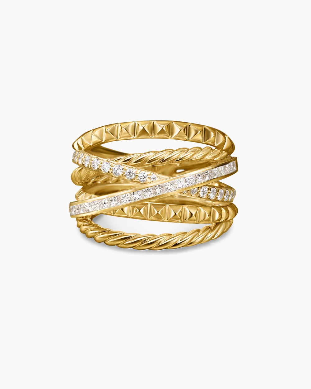 Womens Crossover Trio Six Row Ring in 18K Yellow Gold with Diamonds, 17.5mm