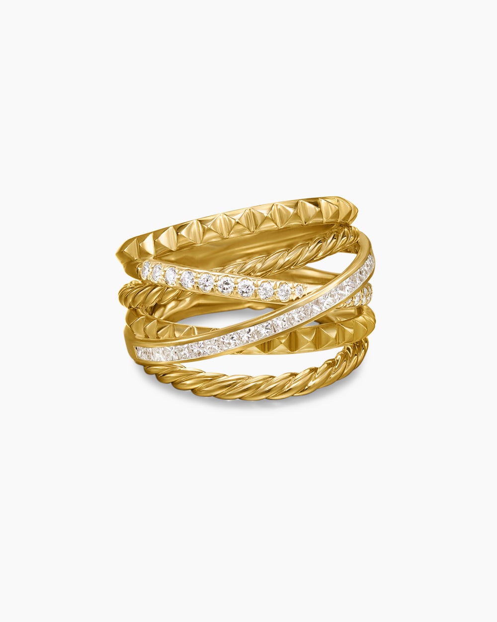 Womens Crossover Trio Six Row Ring in 18K Yellow Gold with Diamonds, 17.5mm