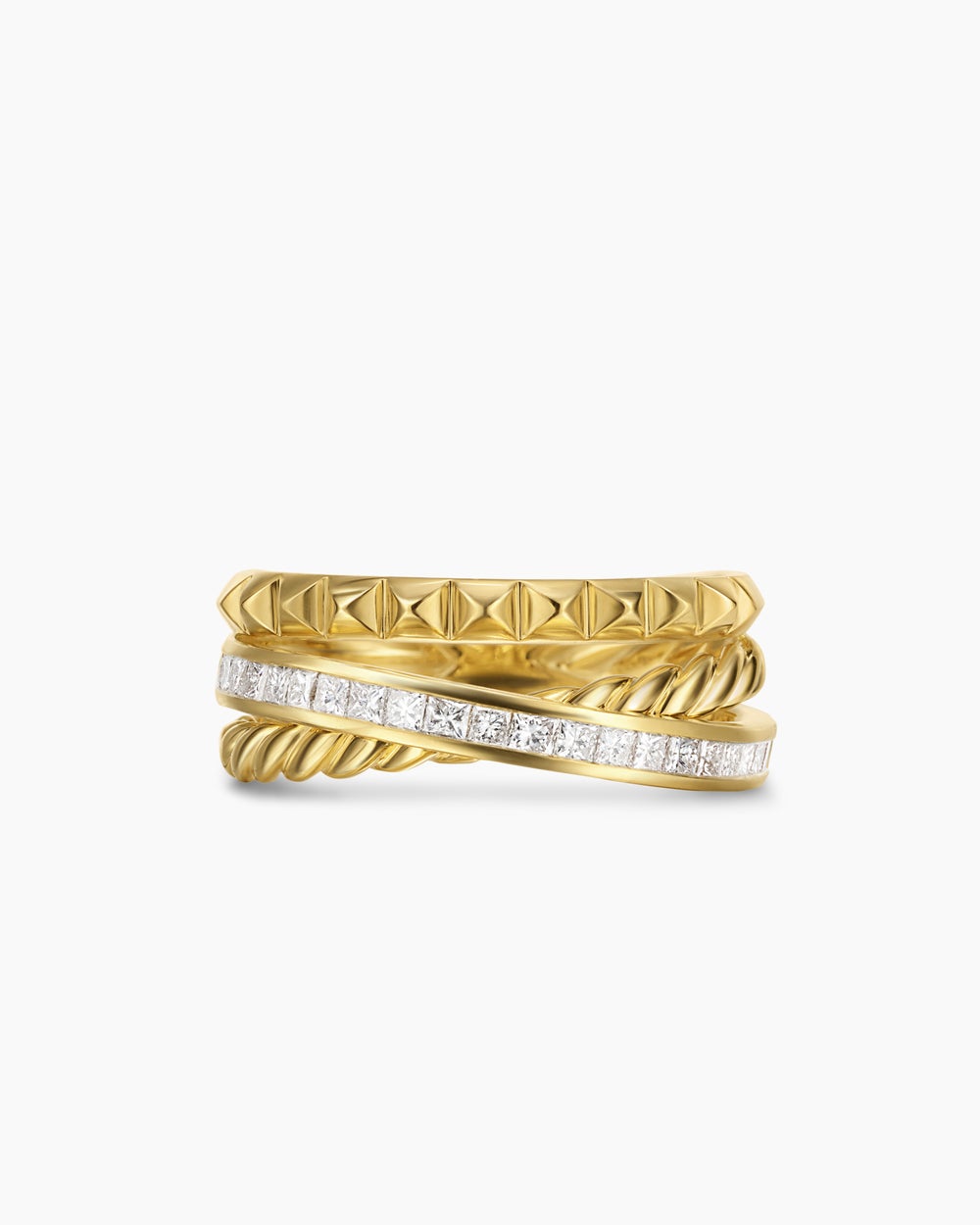 Womens Crossover Trio Three Row Ring in 18K Yellow Gold with Diamonds, 8mm