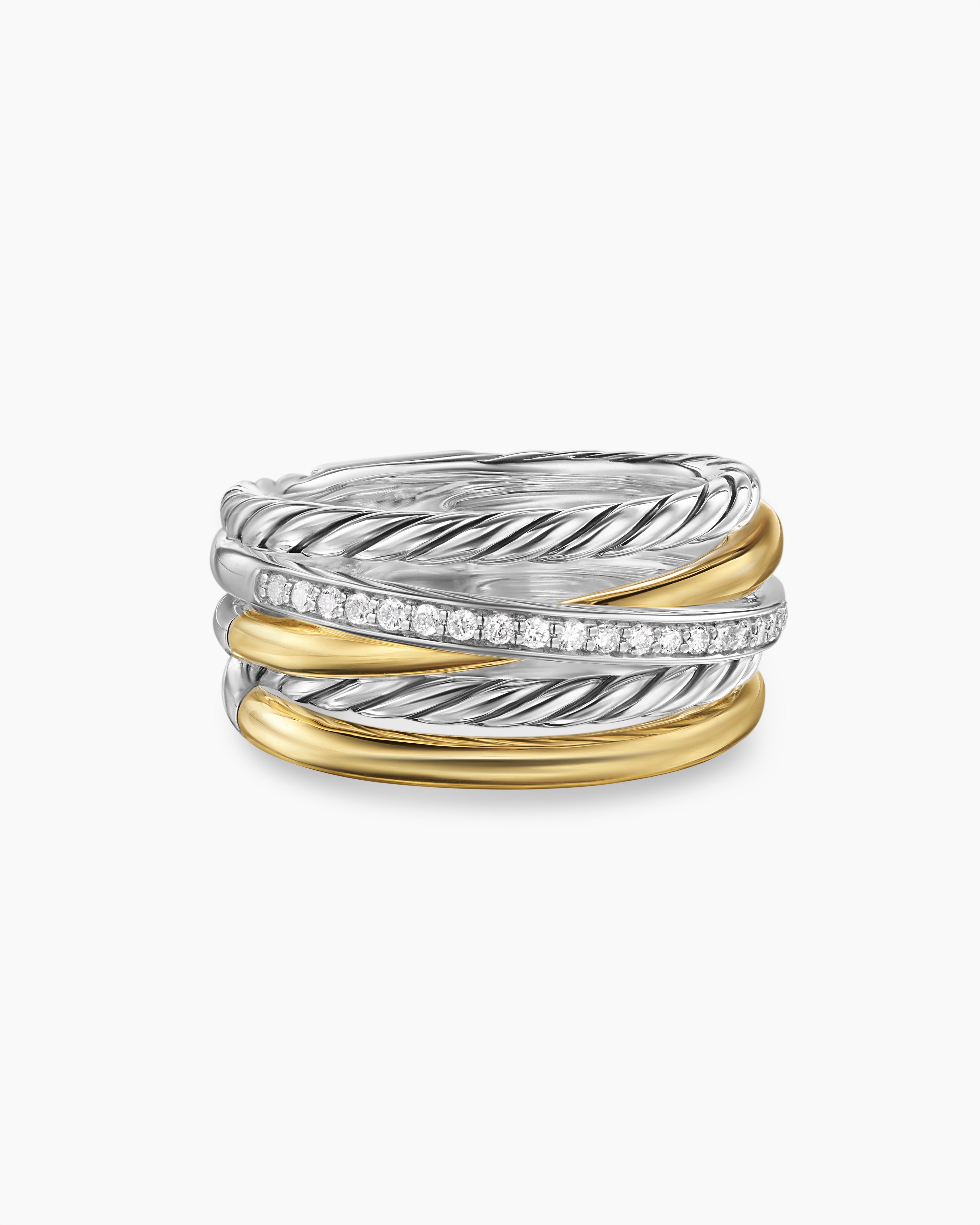 Womens Crossover Five Row Ring in Sterling Silver with 18K Yellow Gold and Diamonds, 11mm