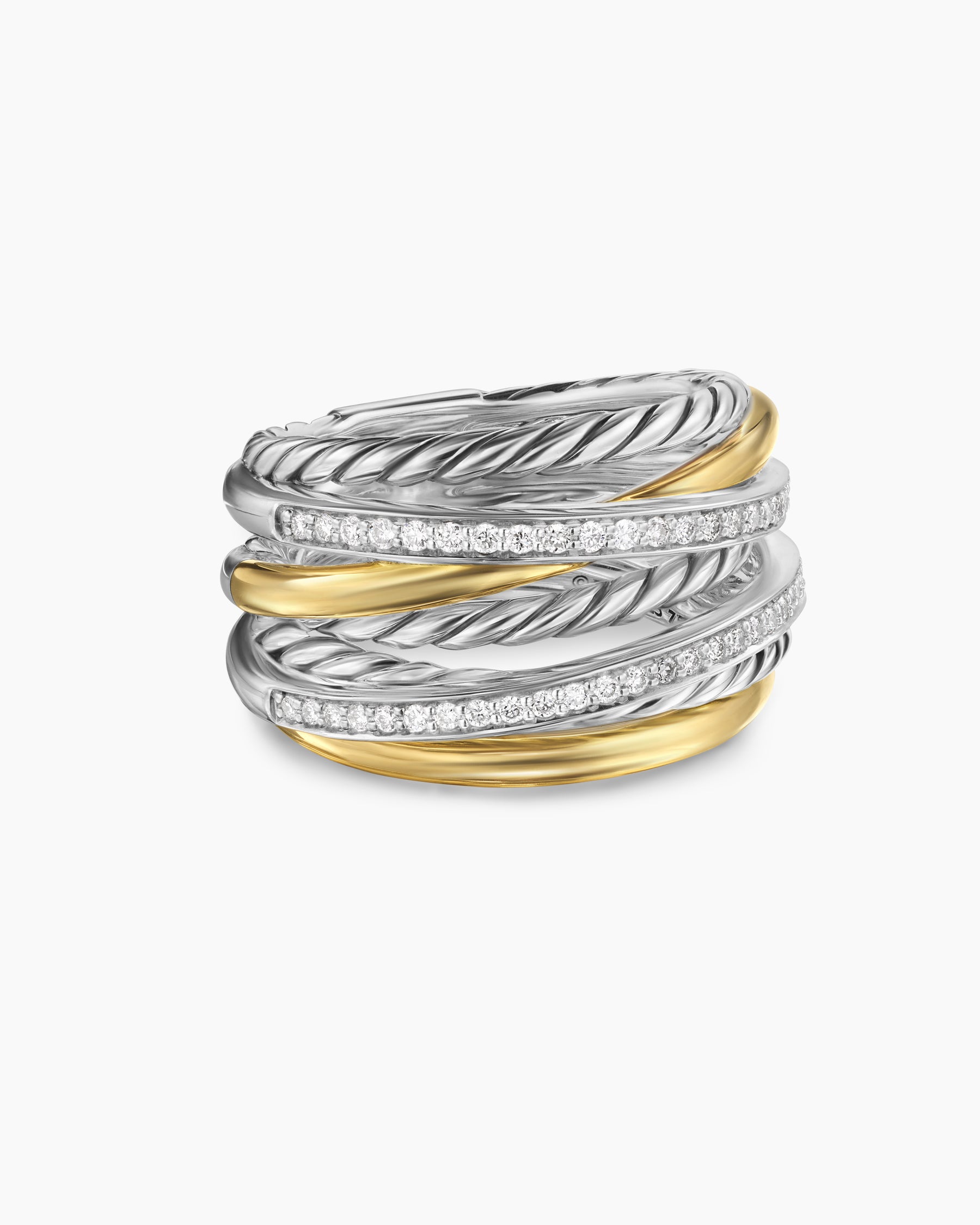 Bague à sept rangs Crossover en argent sterling avec or jaune 18 carats et diamants, 16 mm