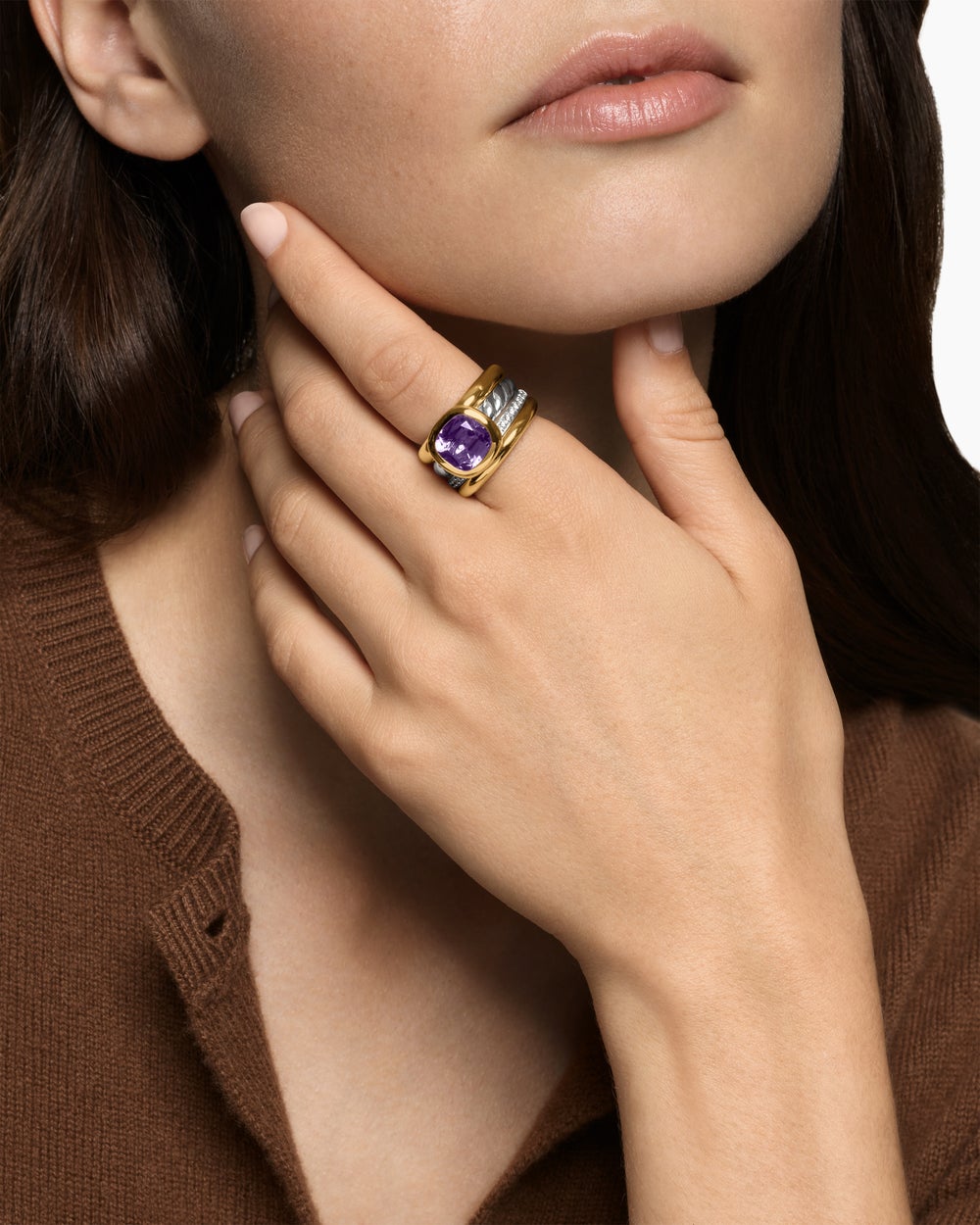Womens DY Mercer Colour Four Row Stone Ring in Sterling Silver with 18K Yellow Gold and Diamonds, 14mm