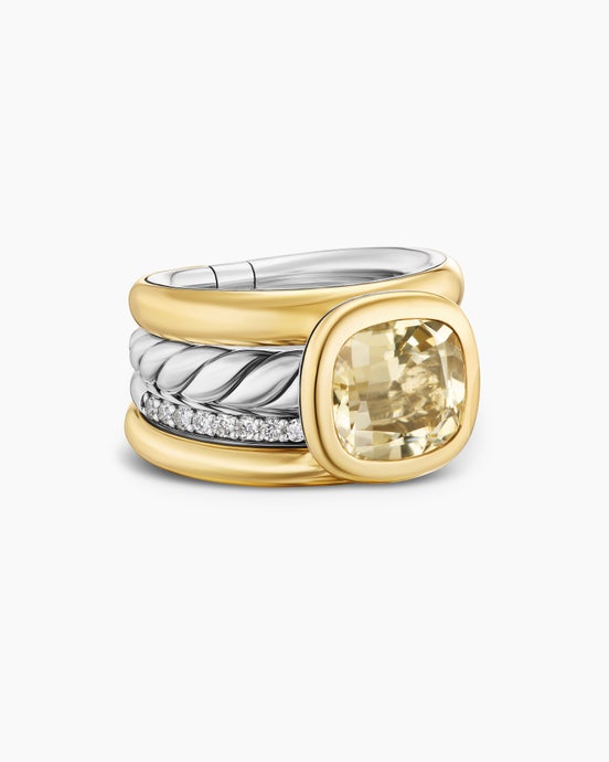 DY Mercer Color Four Row Stone Ring in Sterling Silver with 18K Yellow Gold and Diamonds, 14mm