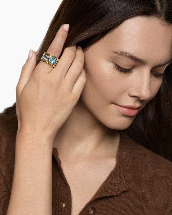 Bague à quatre rangs à pierre de couleur DY Mercer® en argent sterling avec or jaune 18 carats, topaze bleu ciel et diamants, 14 mm