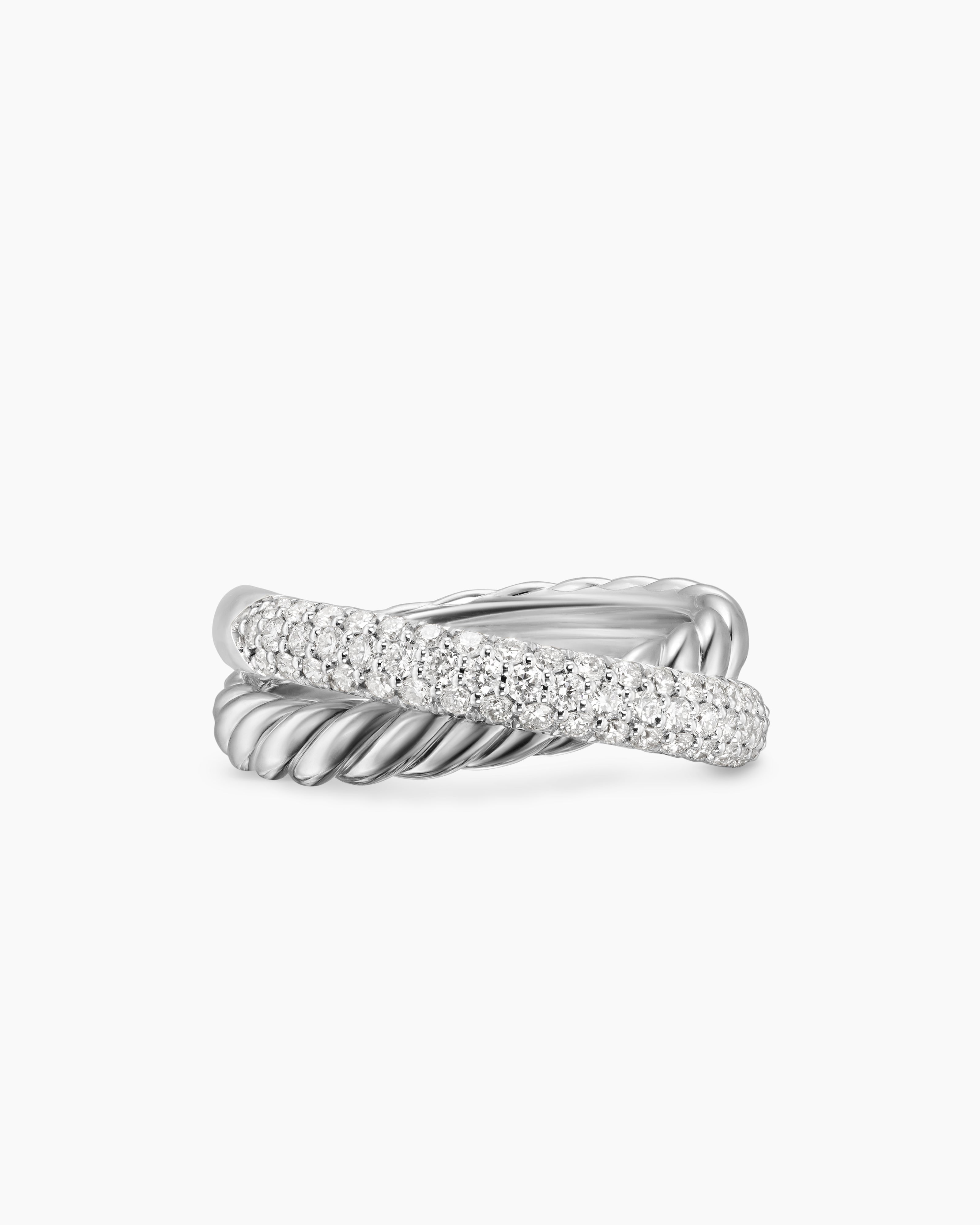 Womens Crossover Two Row Ring in Sterling Silver with Diamonds, 7.4mm