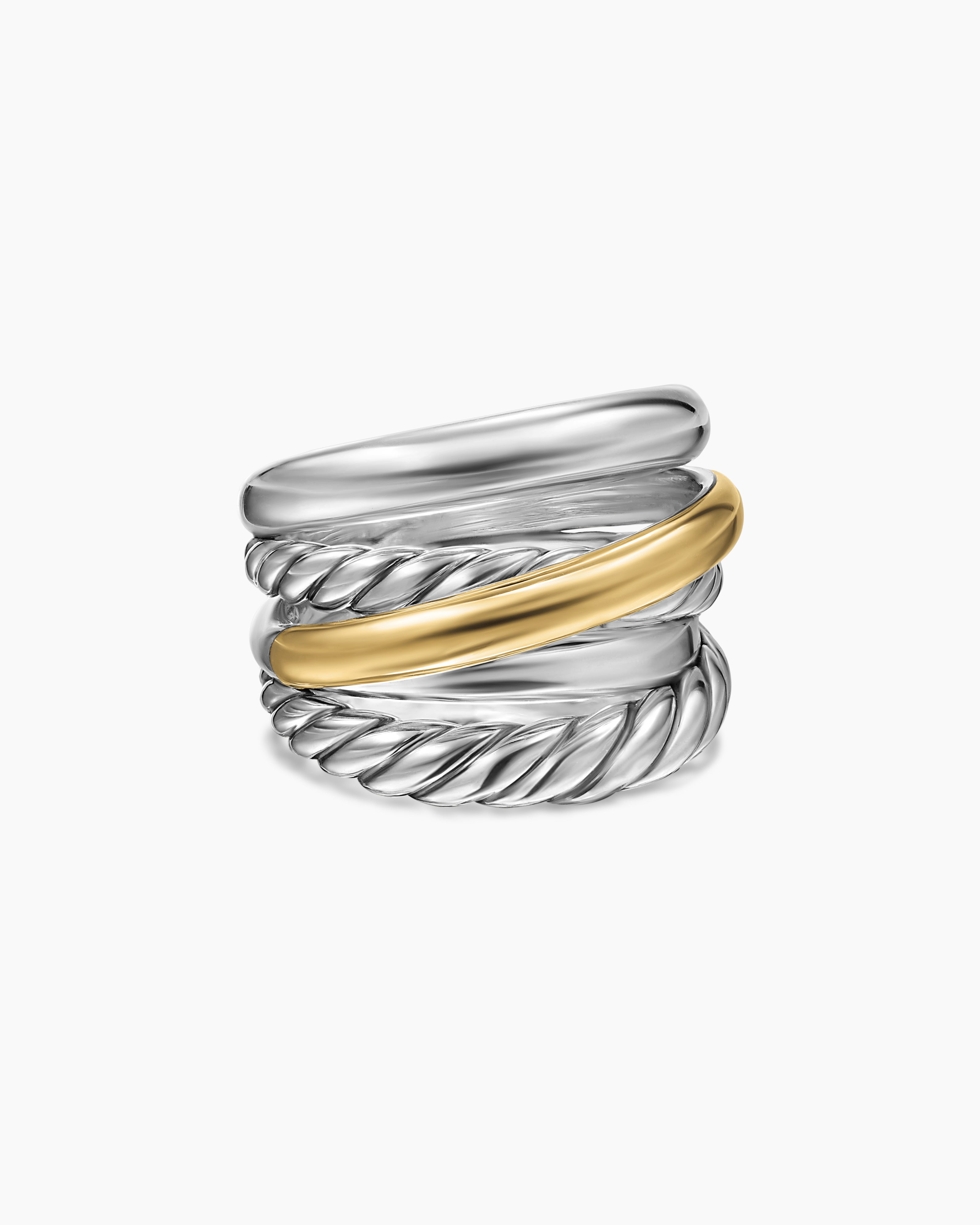 Womens Crossover Five Row Ring in Sterling Silver with 14K Yellow Gold, 17.5mm