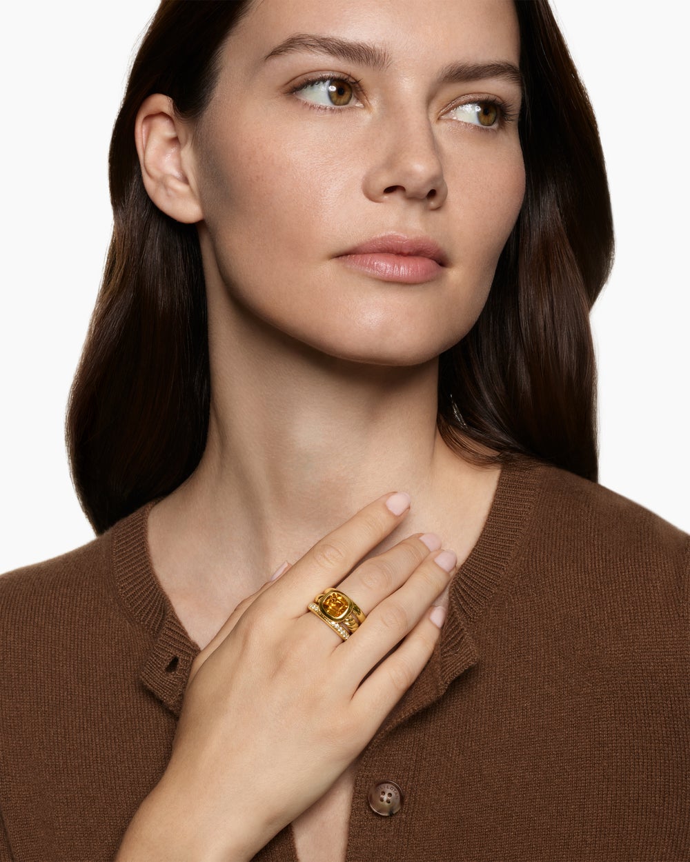 Womens DY Mercer Color Three Row Stone Ring in 18K Yellow Gold with Diamonds, 12mm