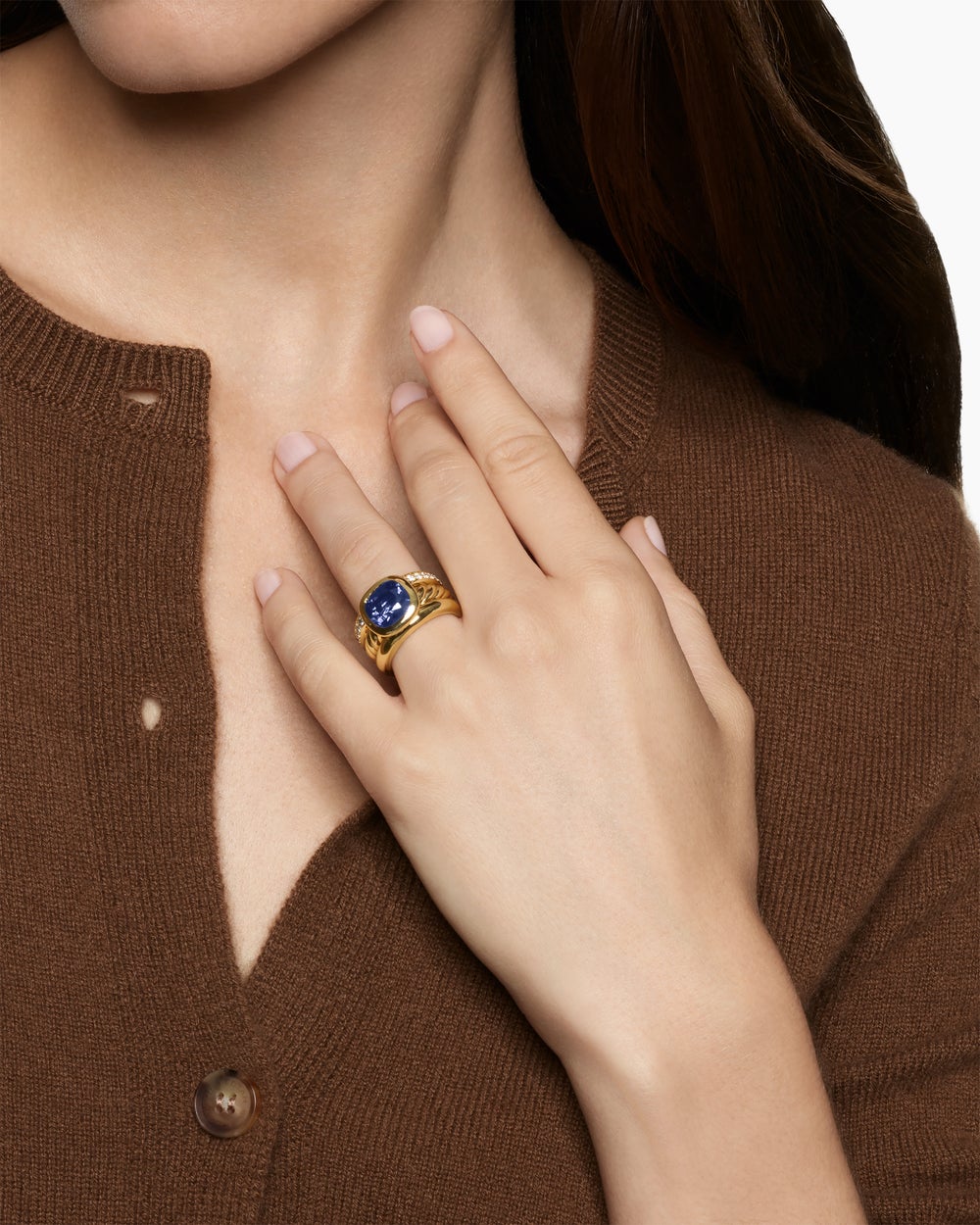 Womens DY Mercer Color Three Row Stone Ring in 18K Yellow Gold with Diamonds, 12mm