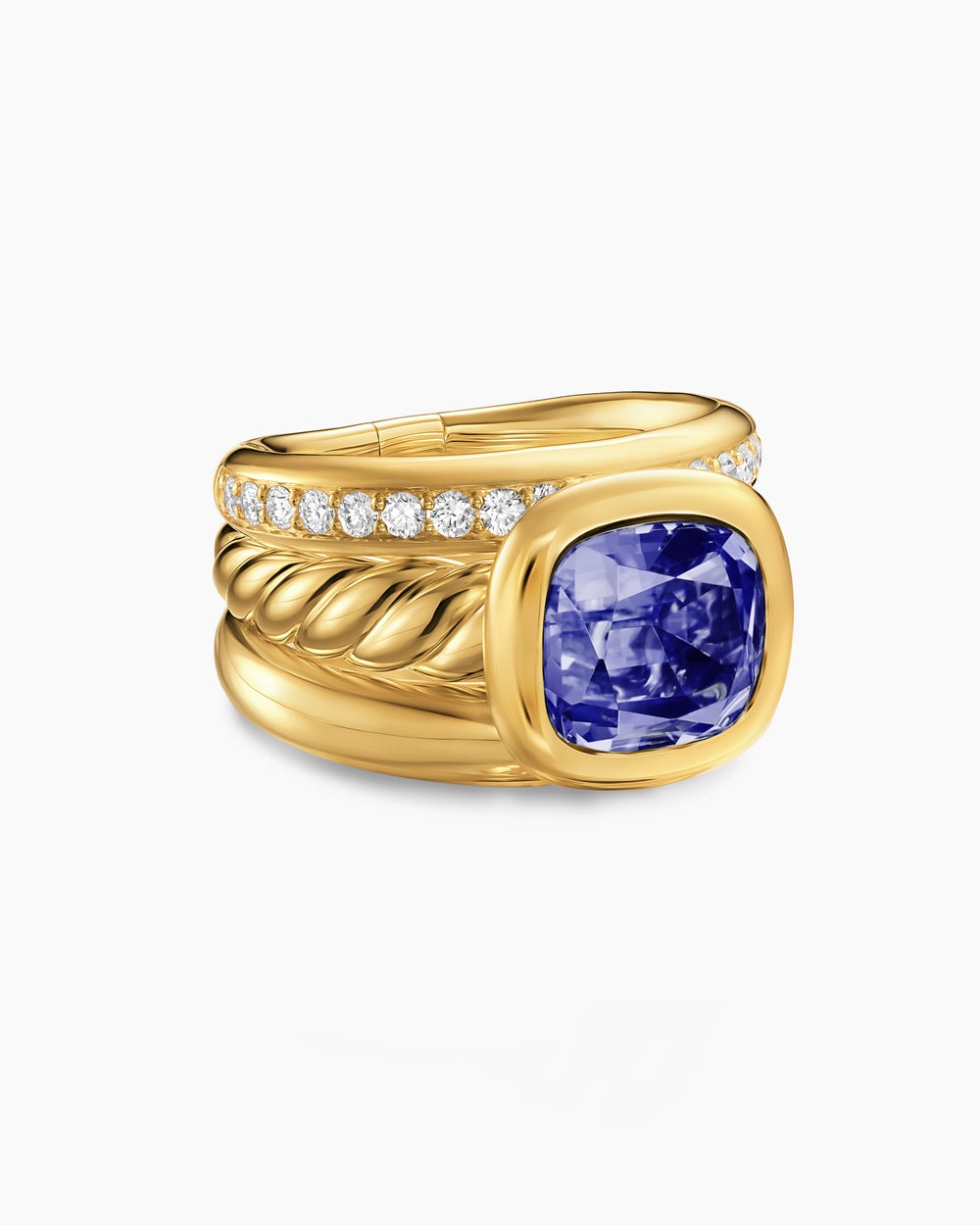 Womens DY Mercer Color Three Row Stone Ring in 18K Yellow Gold with Diamonds, 12mm