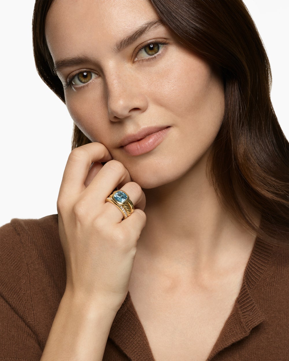 Womens DY Mercer Color Three Row Stone Ring in 18K Yellow Gold with Diamonds, 12mm