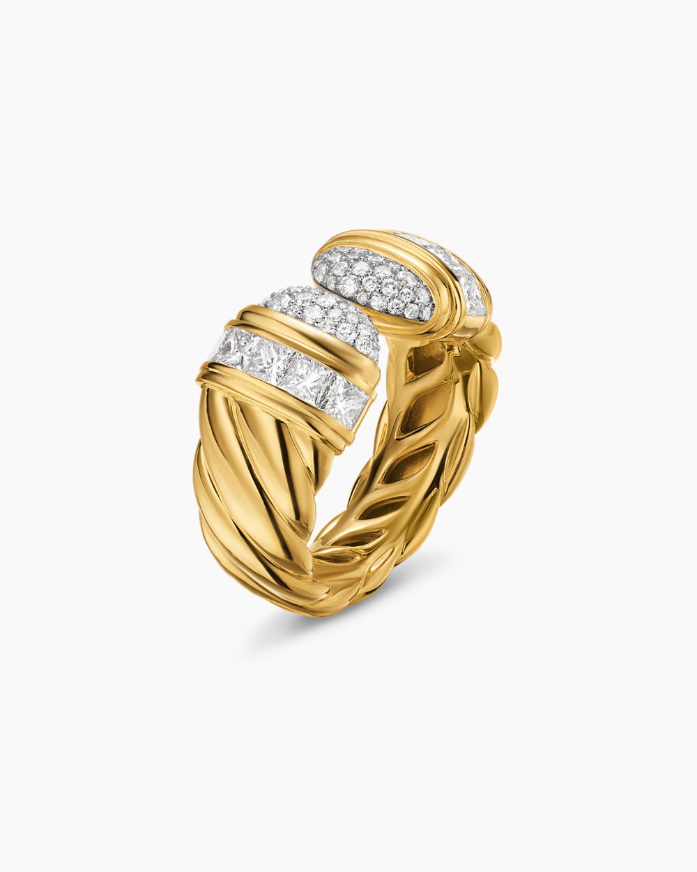 Womens Sculpted Cable Open Cocktail Ring in 18K Yellow Gold with Diamonds, 12.4mm