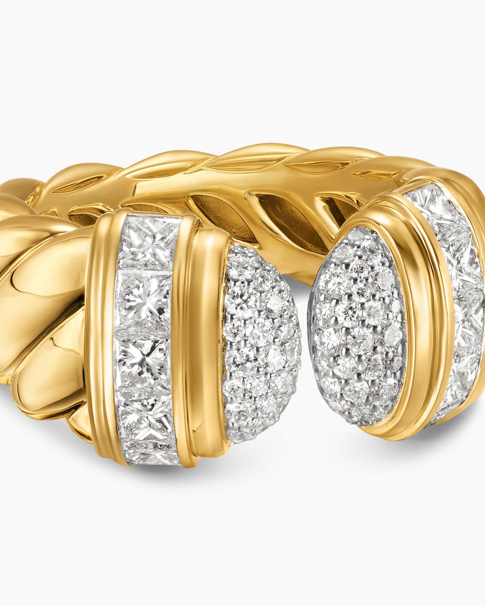 Womens Sculpted Cable Open Cocktail Ring in 18K Yellow Gold with Diamonds, 12.4mm