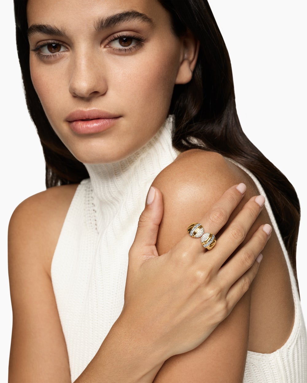 Womens Sculpted Cable Open Cocktail Ring in 18K Yellow Gold with Diamonds, 12.4mm