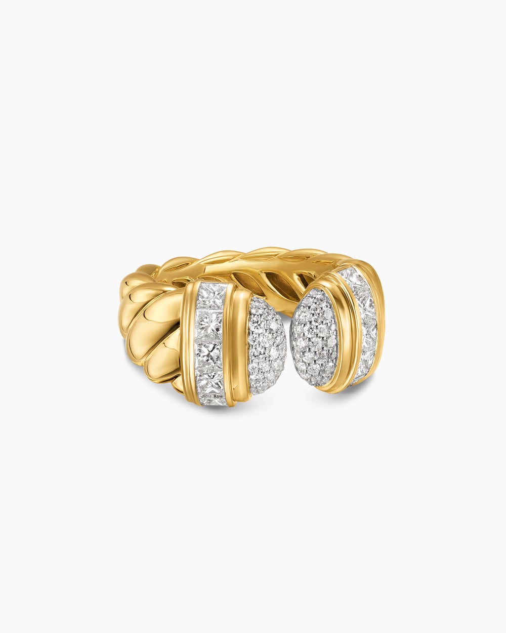 Womens Sculpted Cable Open Cocktail Ring in 18K Yellow Gold with Diamonds, 12.4mm