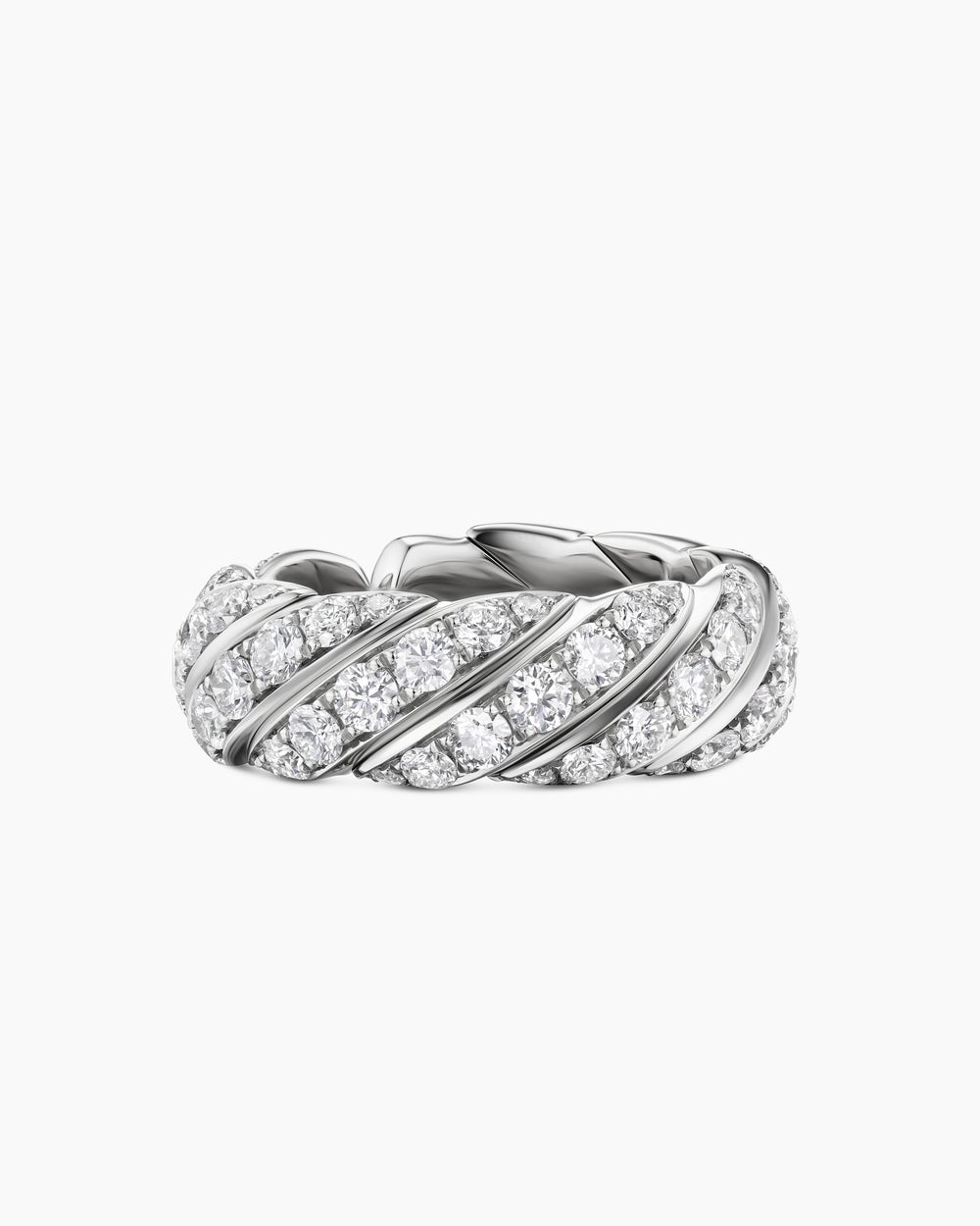 Womens Sculpted Cable Flex Band Ring in 18K White Gold with Diamonds, 7.5mm