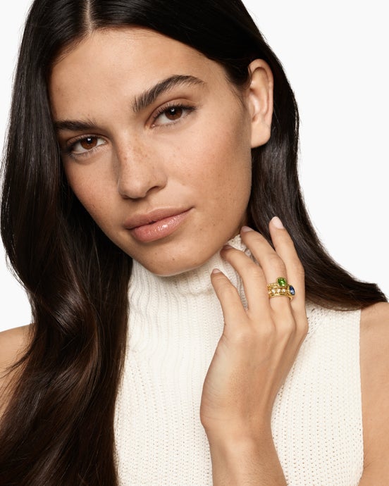 DY Mercer® Color Stone Multi Row Ring in 18K Yellow Gold with Green Tourmaline, Tanzanite and Diamonds, 10mm