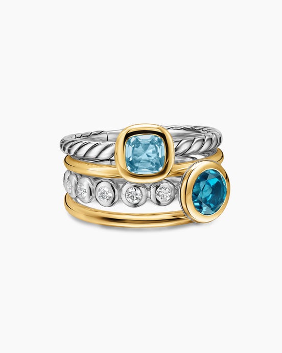 DY Mercer® Color Stone Multi Row Ring in Sterling Silver with 18K Yellow Gold, Blue Topaz and Diamonds, 10mm