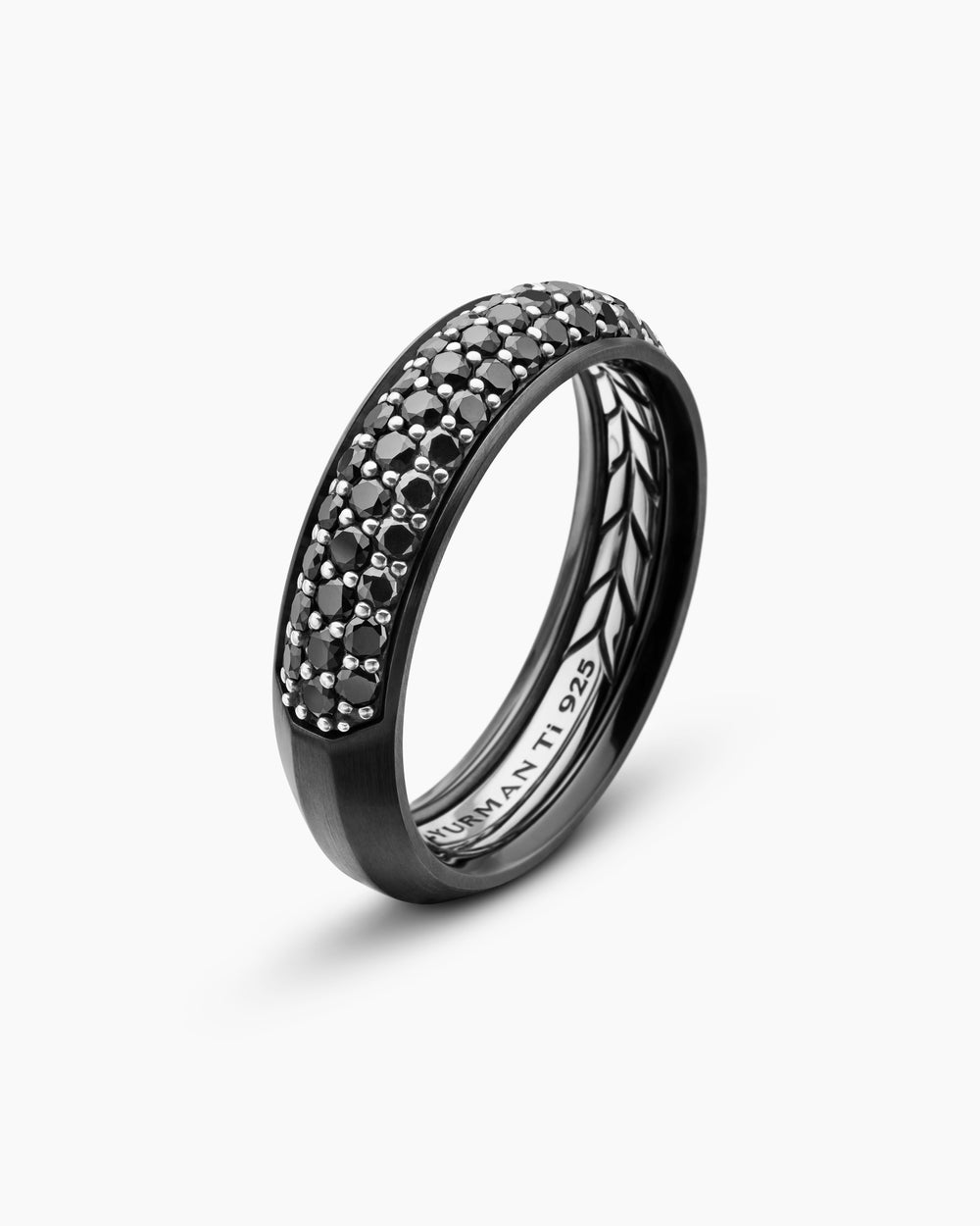 Mens Beveled Band Ring in Black Titanium with Half Pavé Black Diamonds, 6mm