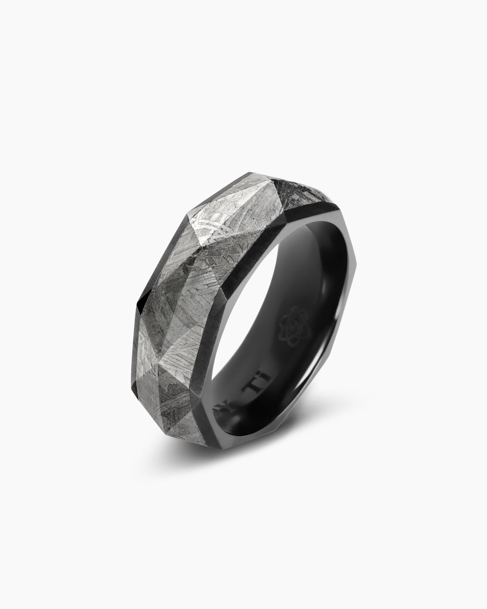 Mens Torqued Faceted Band Ring in Black Titanium with Meteorite, 8.5mm