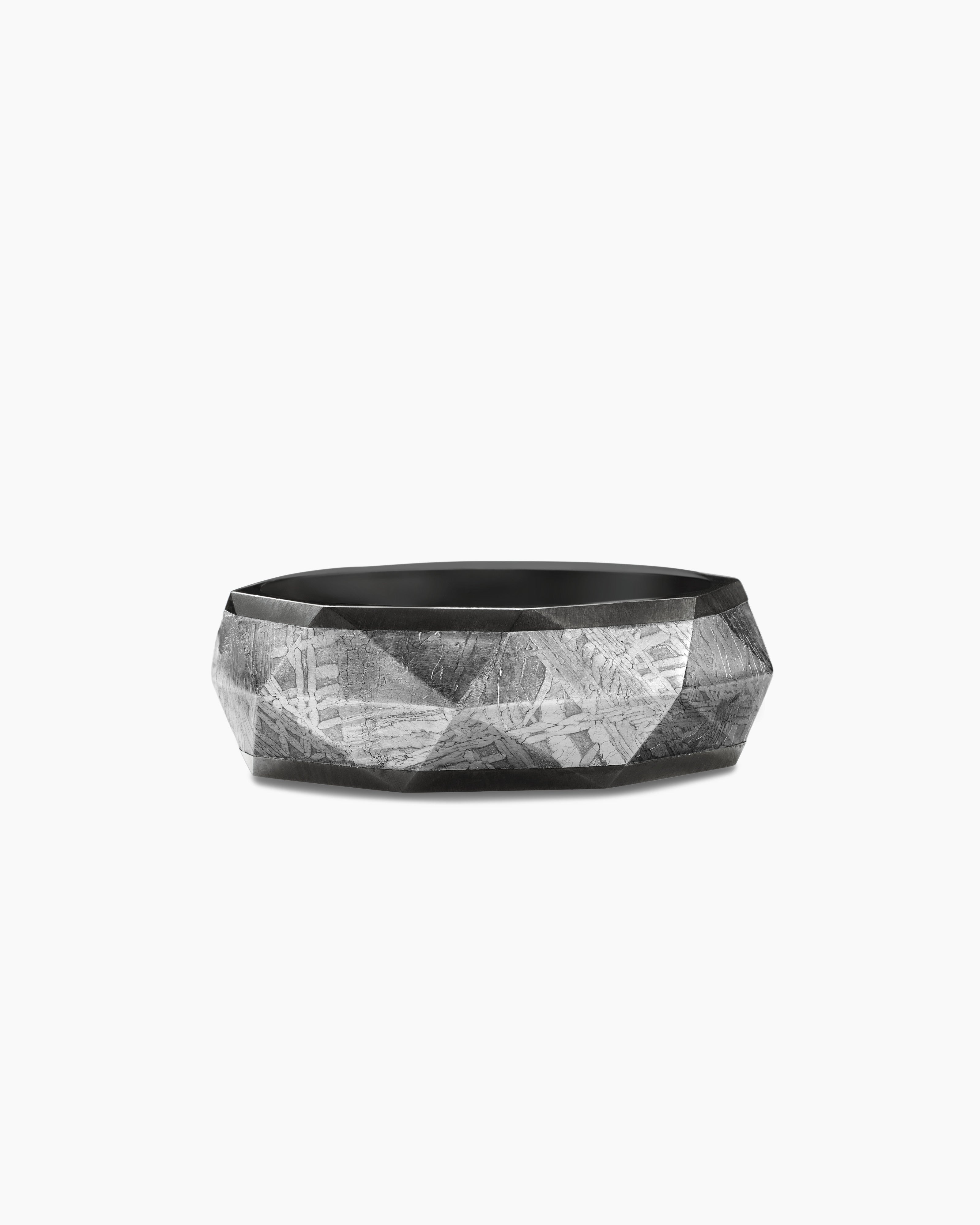 Mens Torqued Faceted Band Ring in Black Titanium with Meteorite, 8.5mm