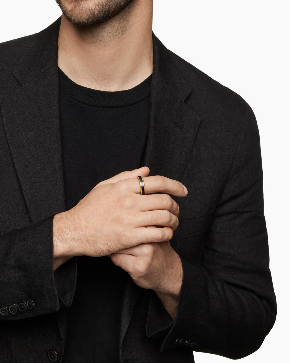 Mens Beveled Band Ring in 18K Yellow Gold with Black Titanium, 6mm