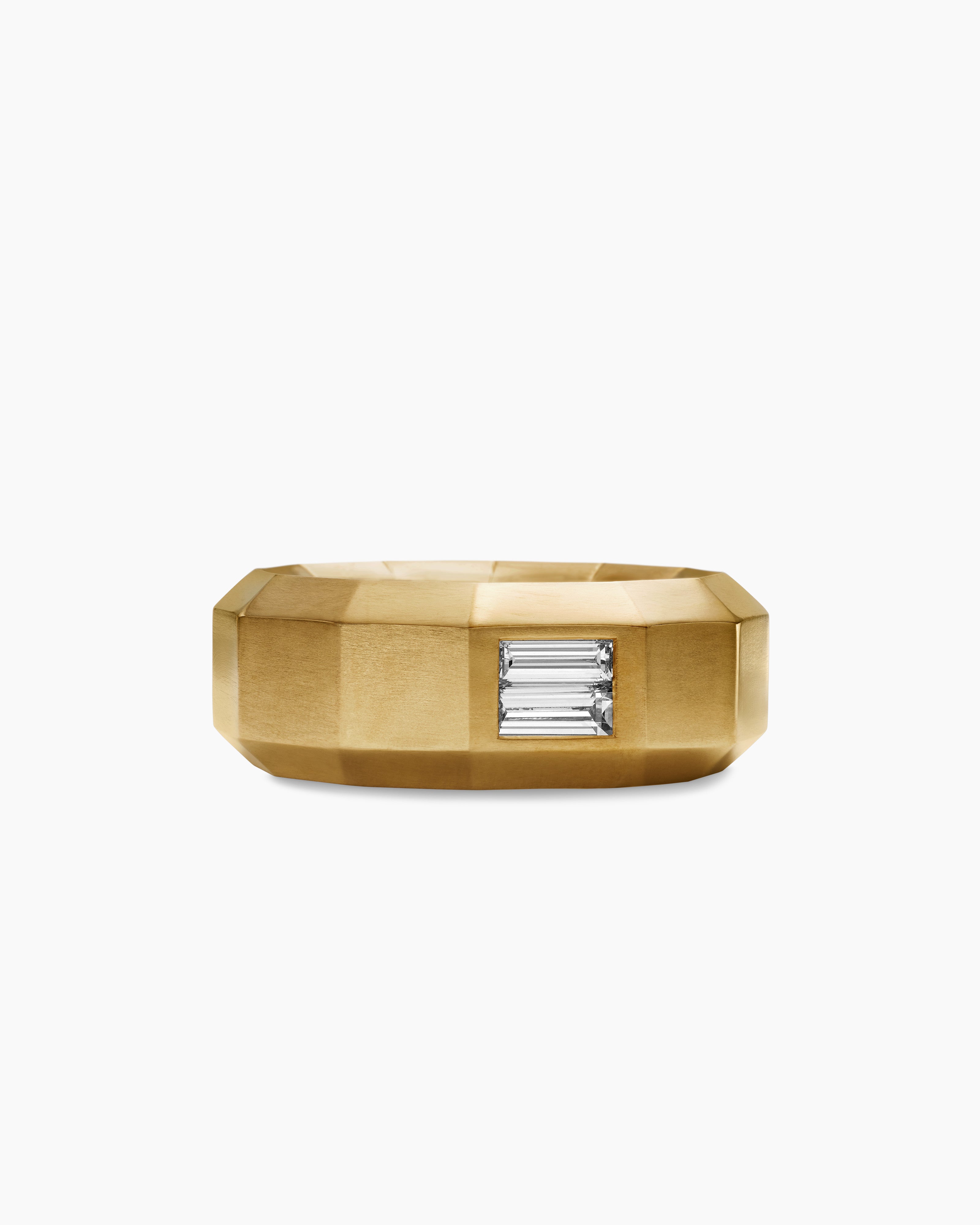 Mens Faceted Band Ring in 18K Yellow Gold with Center Diamond, 8mm